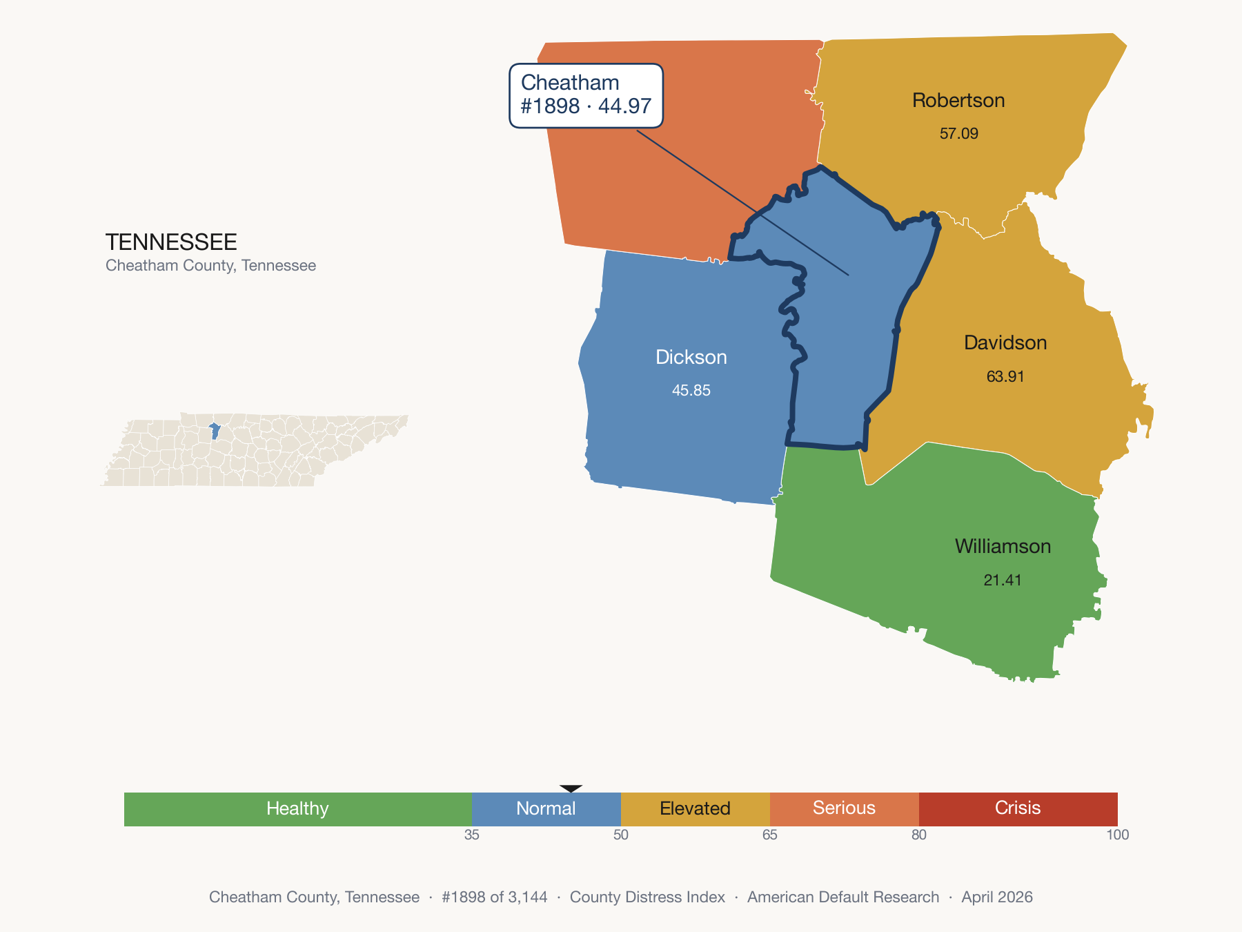 County Distress Index cluster map. Cheatham County, Tennessee and its neighbors colored by distress fifth.