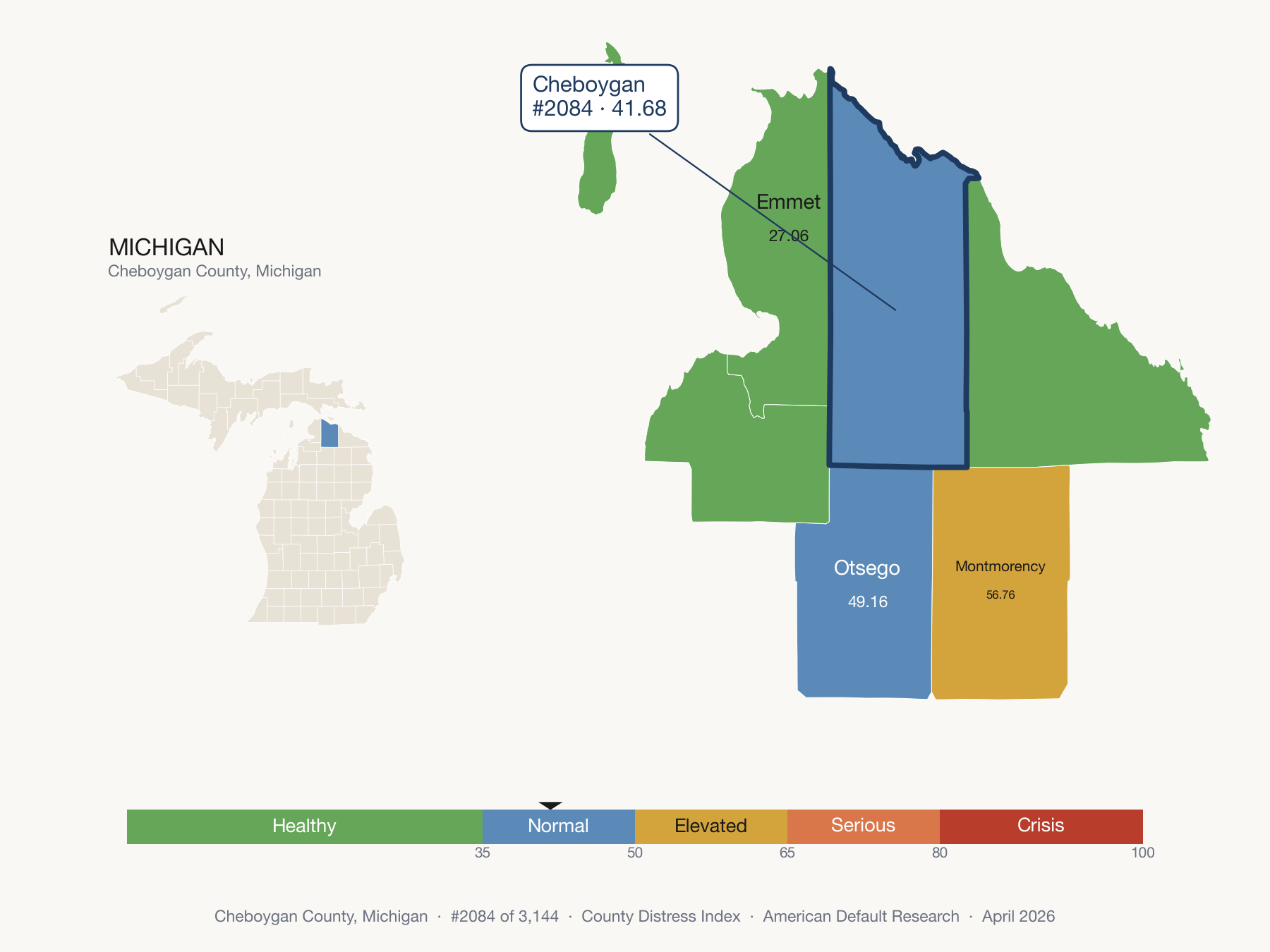 County Distress Index cluster map. Cheboygan County, Michigan and its neighbors colored by distress fifth.
