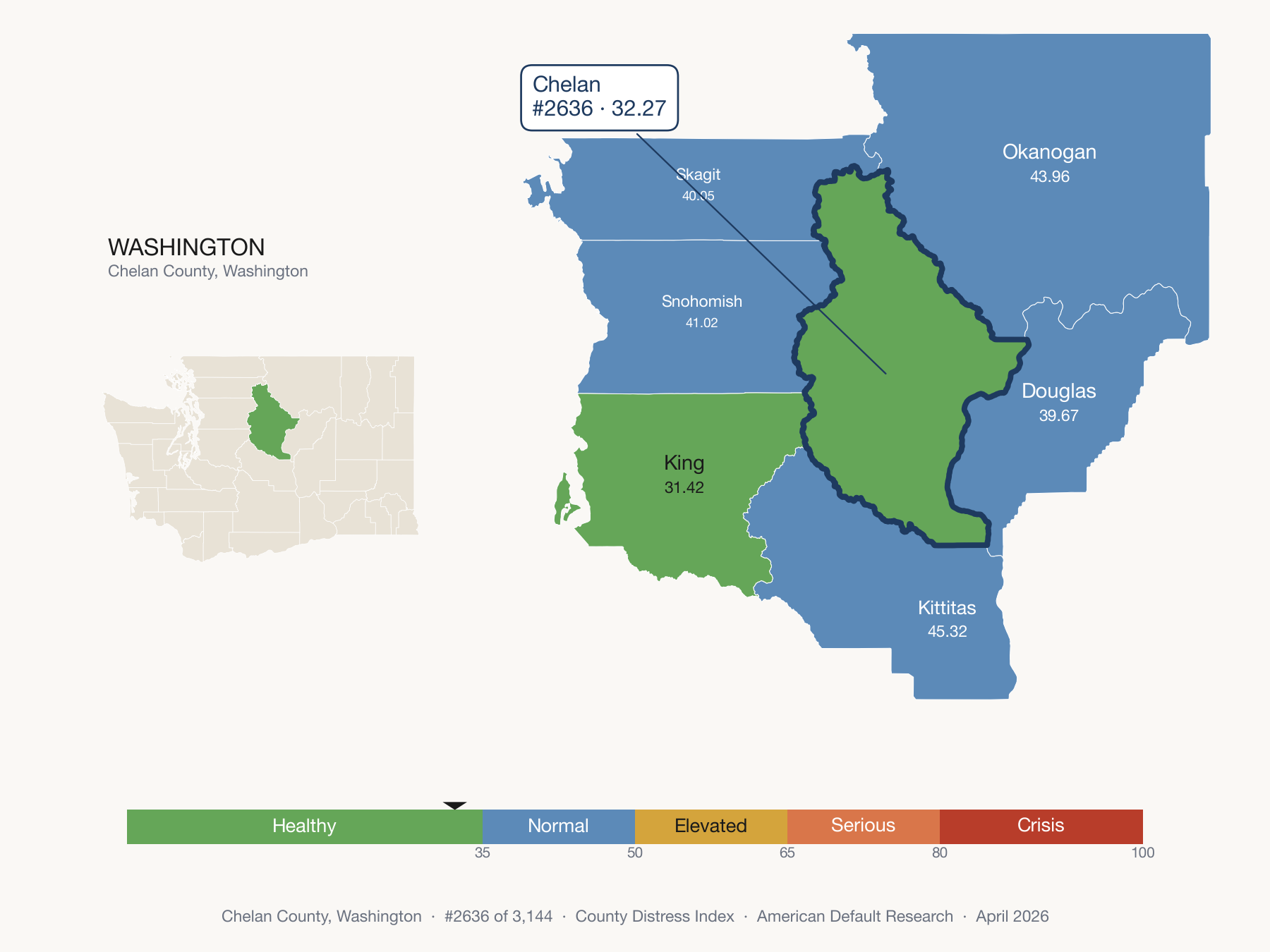 County Distress Index cluster map. Chelan County, Washington and its neighbors colored by distress fifth.
