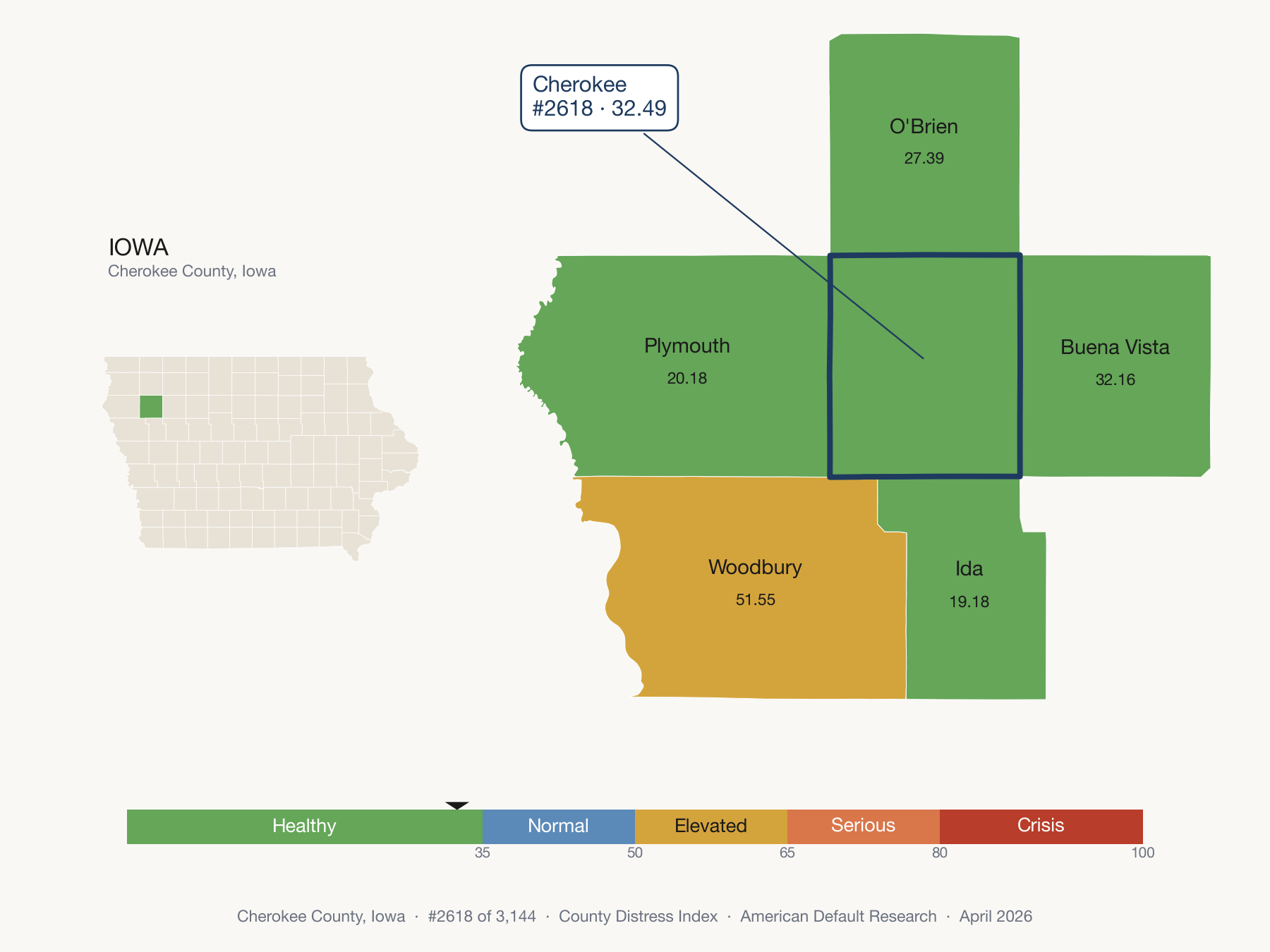 County Distress Index cluster map. Cherokee County, Iowa and its neighbors colored by distress zone.