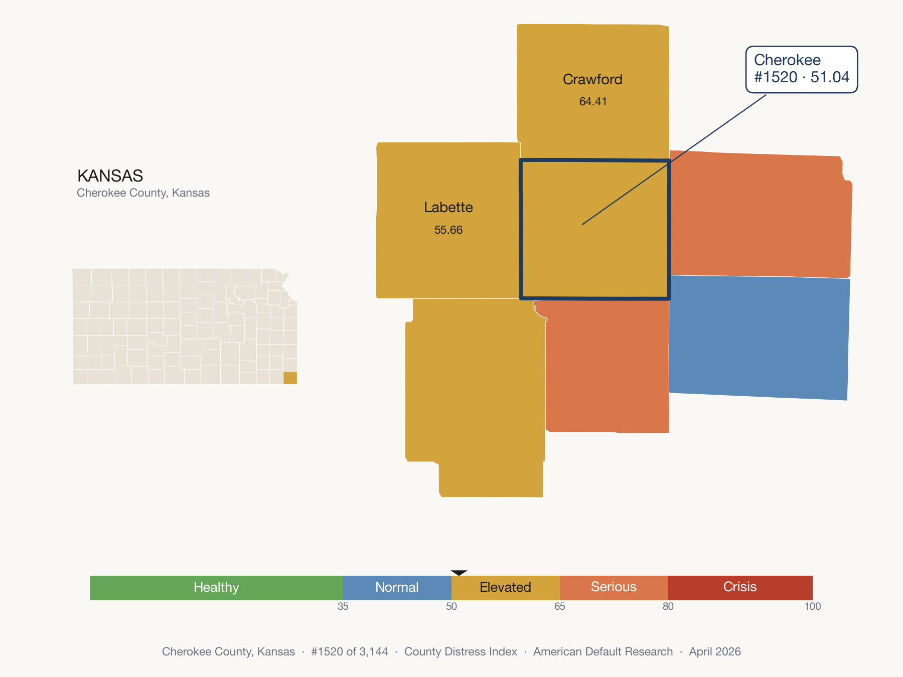 County Distress Index cluster map. Cherokee County, Kansas and its neighbors colored by distress zone.