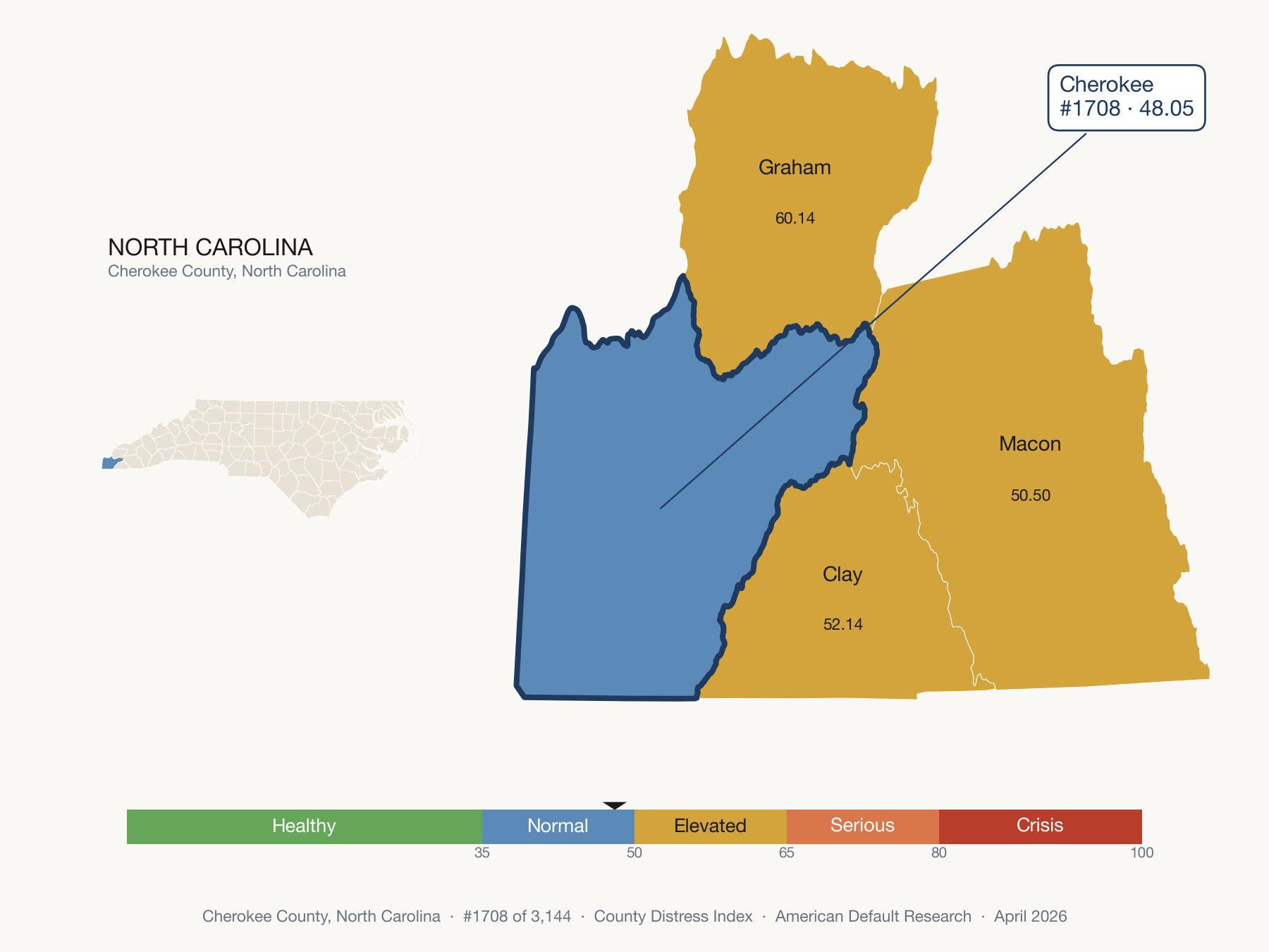 County Distress Index cluster map. Cherokee County, North Carolina and its neighbors colored by distress fifth.
