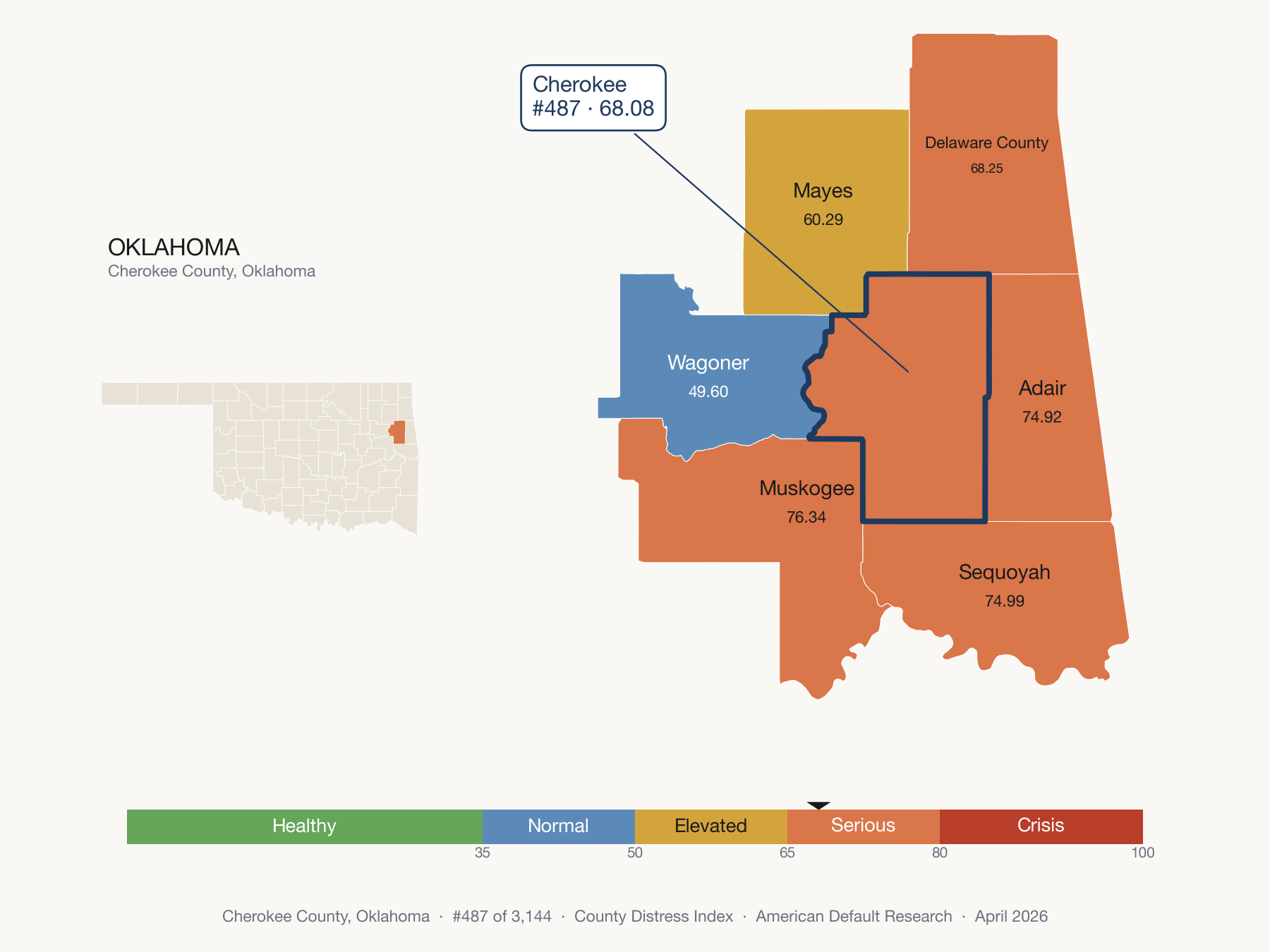 County Distress Index cluster map. Cherokee County, Oklahoma and its neighbors colored by distress fifth.