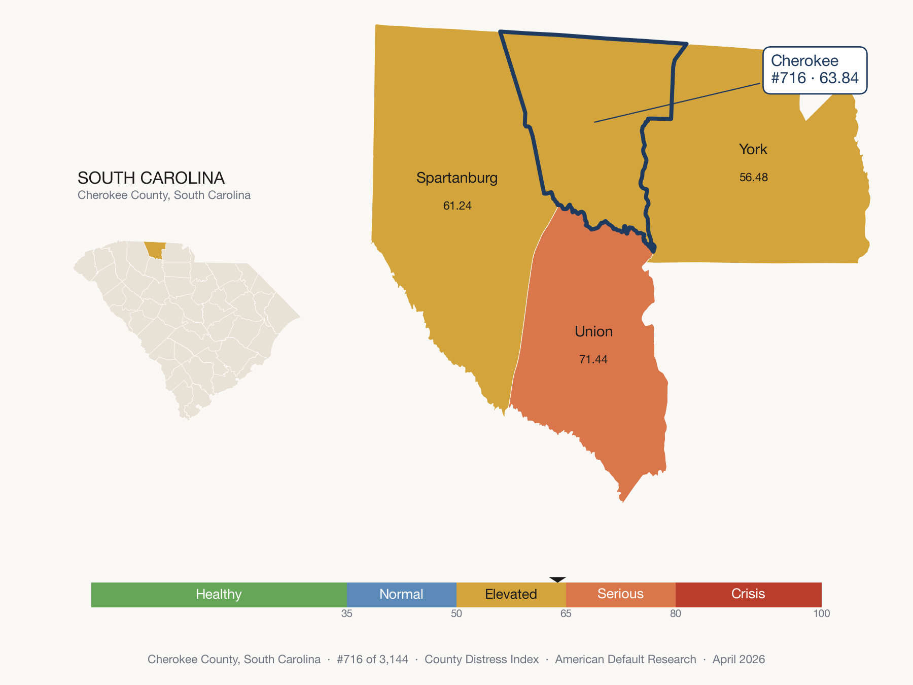 County Distress Index cluster map. Cherokee County, South Carolina and its neighbors colored by distress fifth.