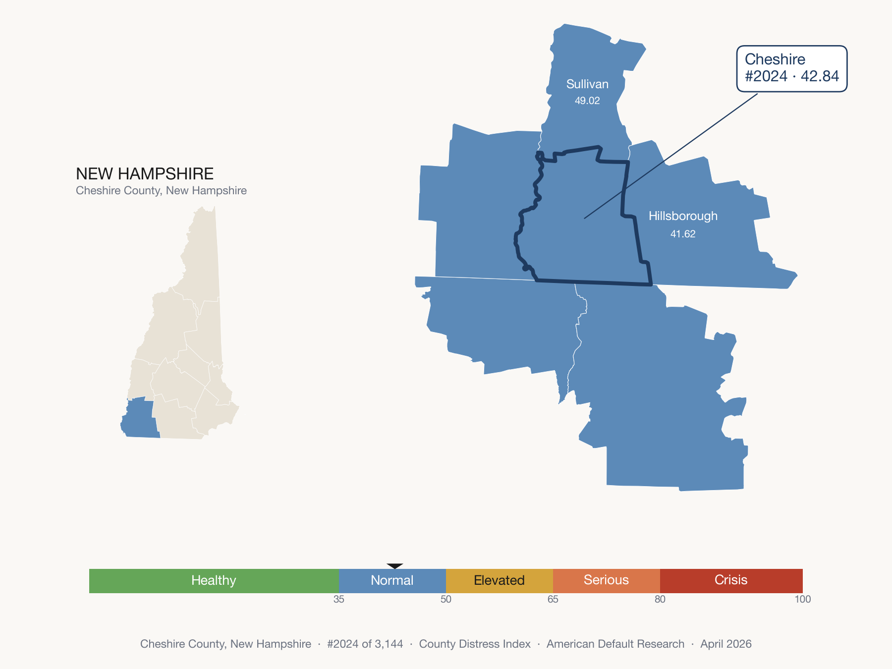 County Distress Index cluster map. Cheshire County, New Hampshire and its neighbors colored by distress zone.