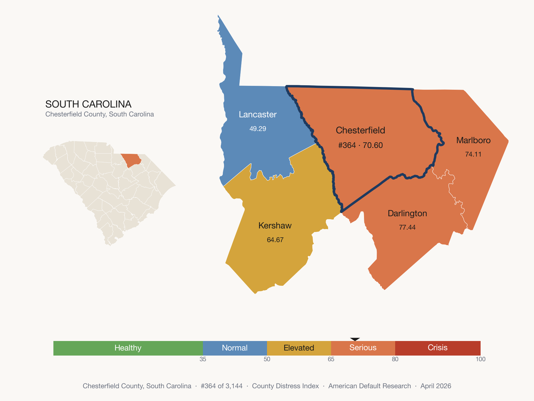 County Distress Index cluster map. Chesterfield County, South Carolina and its neighbors colored by distress fifth.