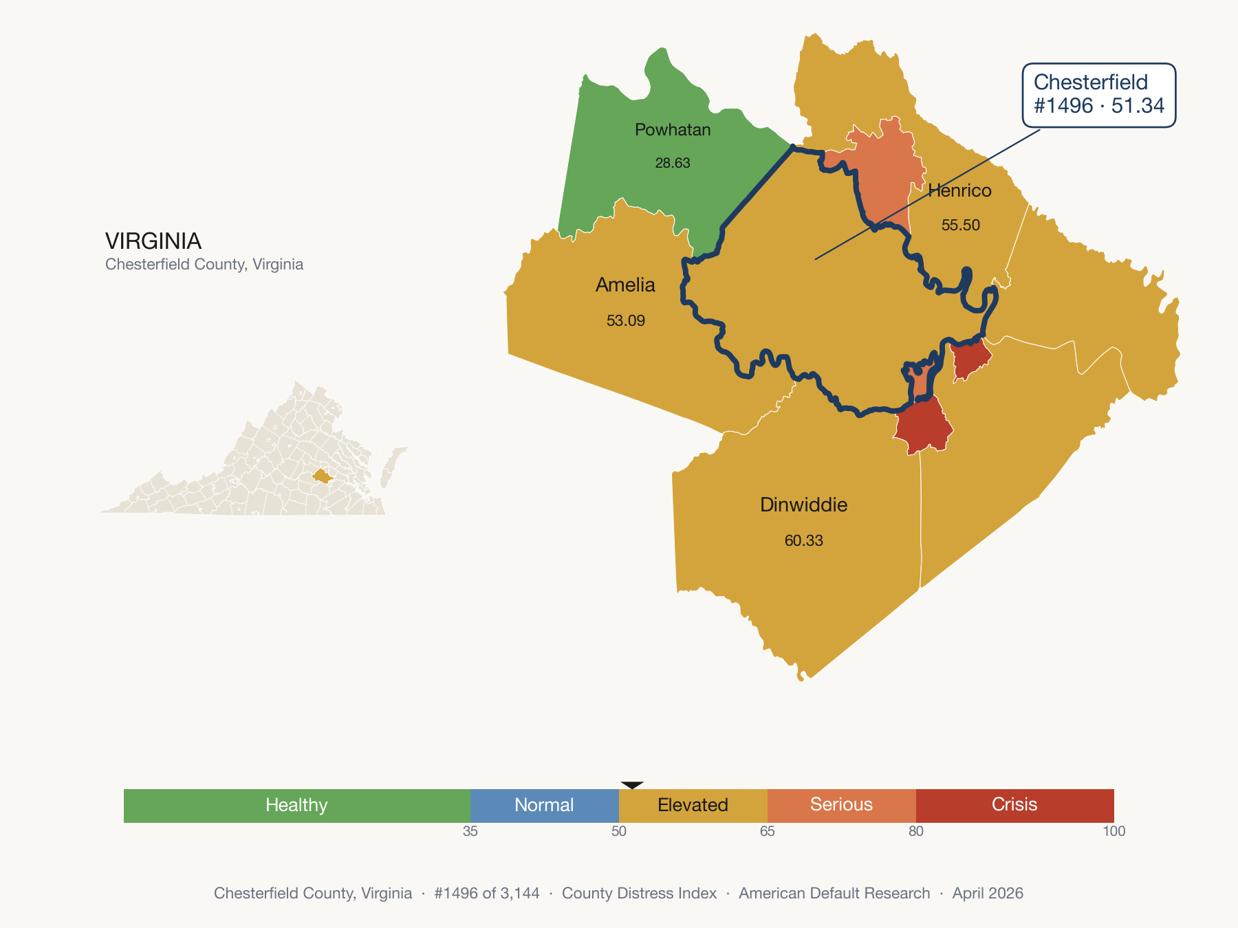 County Distress Index cluster map. Chesterfield County, Virginia and its neighbors colored by distress zone.