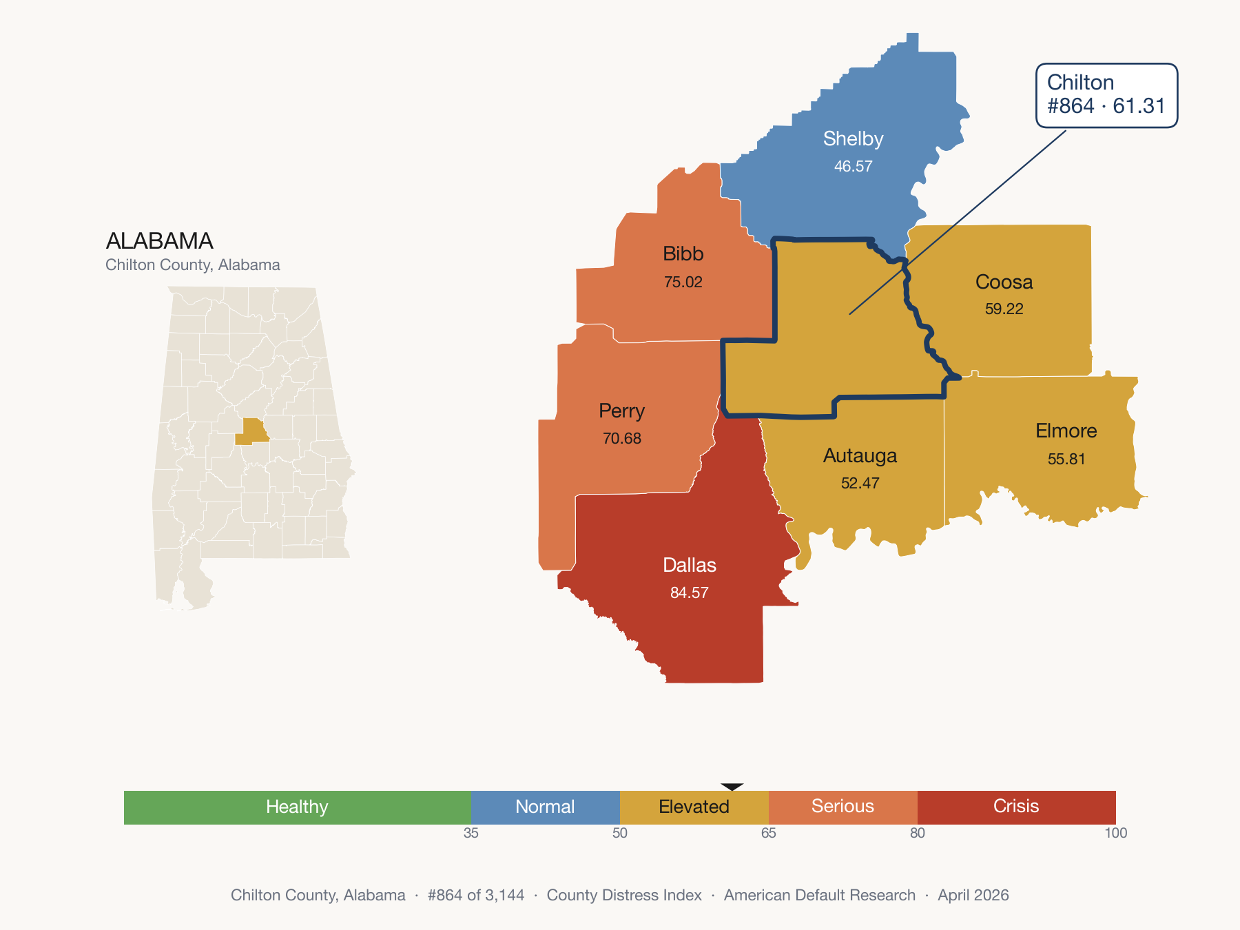 County Distress Index cluster map. Chilton County, Alabama and its neighbors colored by distress fifth.