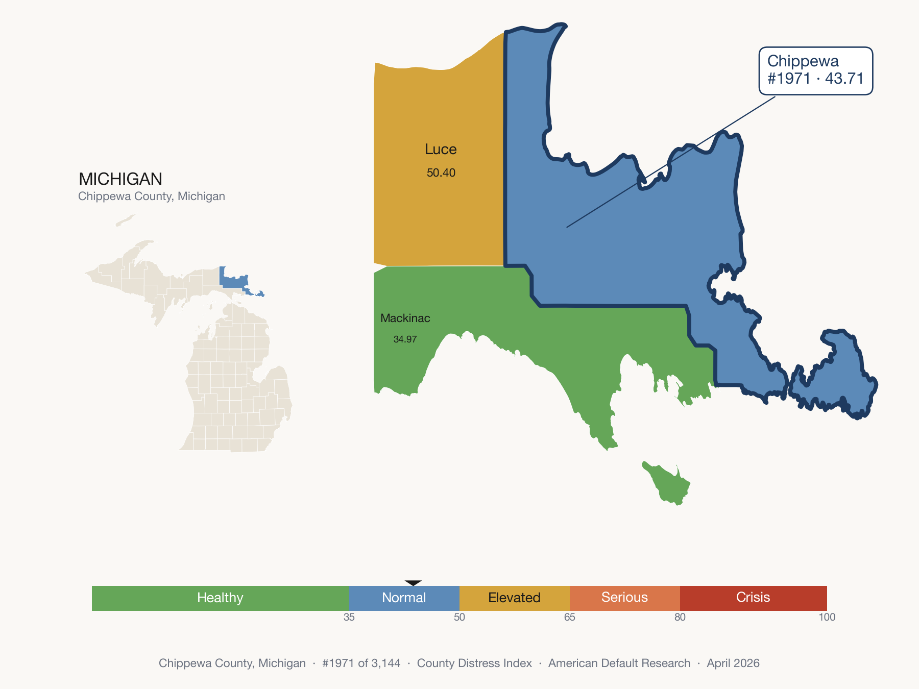 County Distress Index cluster map. Chippewa County, Michigan and its neighbors colored by distress fifth.