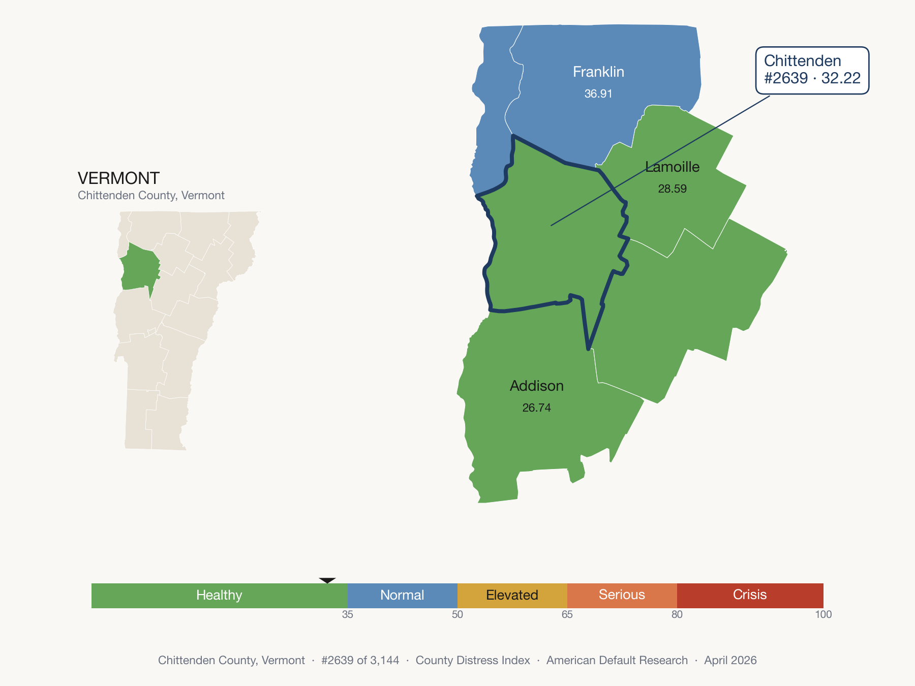 County Distress Index cluster map. Chittenden County, Vermont and its neighbors colored by distress fifth.