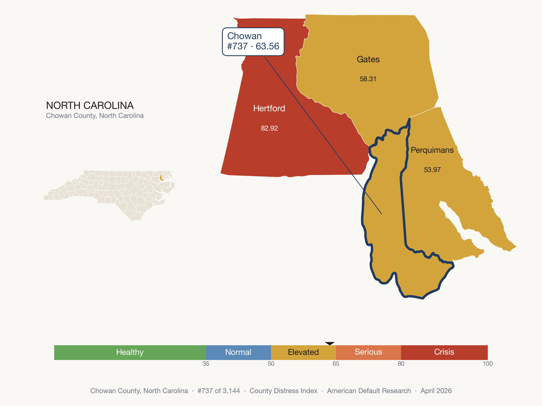 County Distress Index cluster map. Chowan County, North Carolina and its neighbors colored by distress fifth.