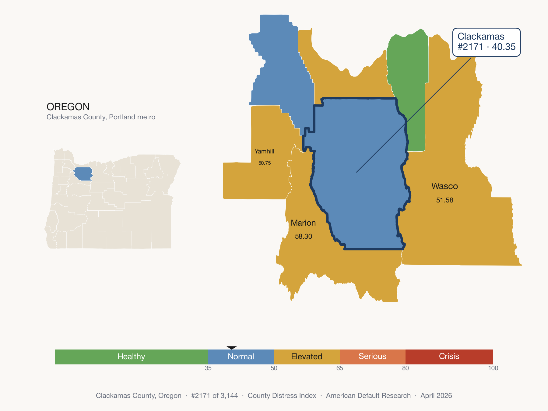 County Distress Index cluster map. Clackamas County, Oregon and its neighbors colored by distress fifth.