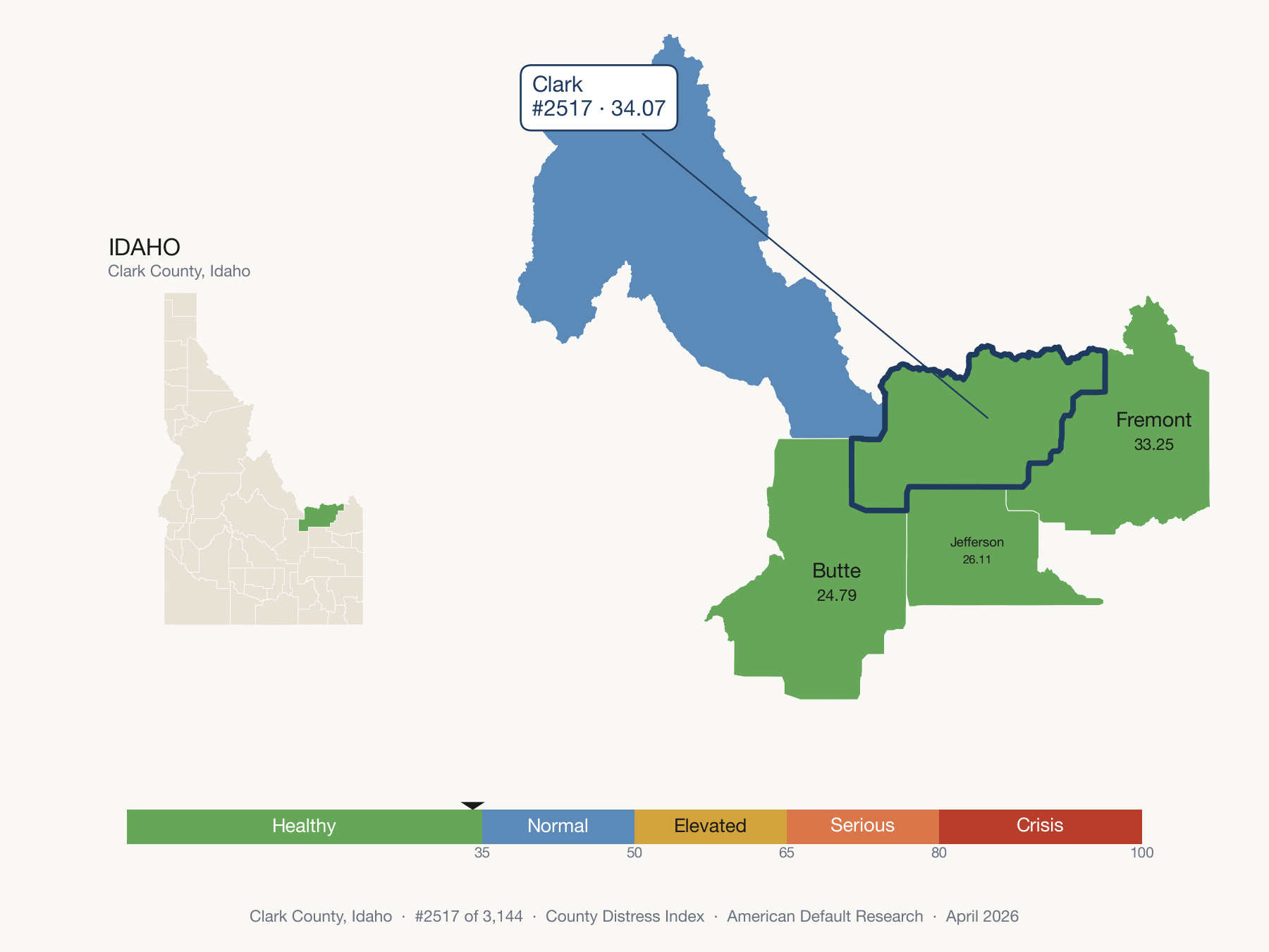 County Distress Index cluster map. Clark County, Idaho and its neighbors colored by distress zone.