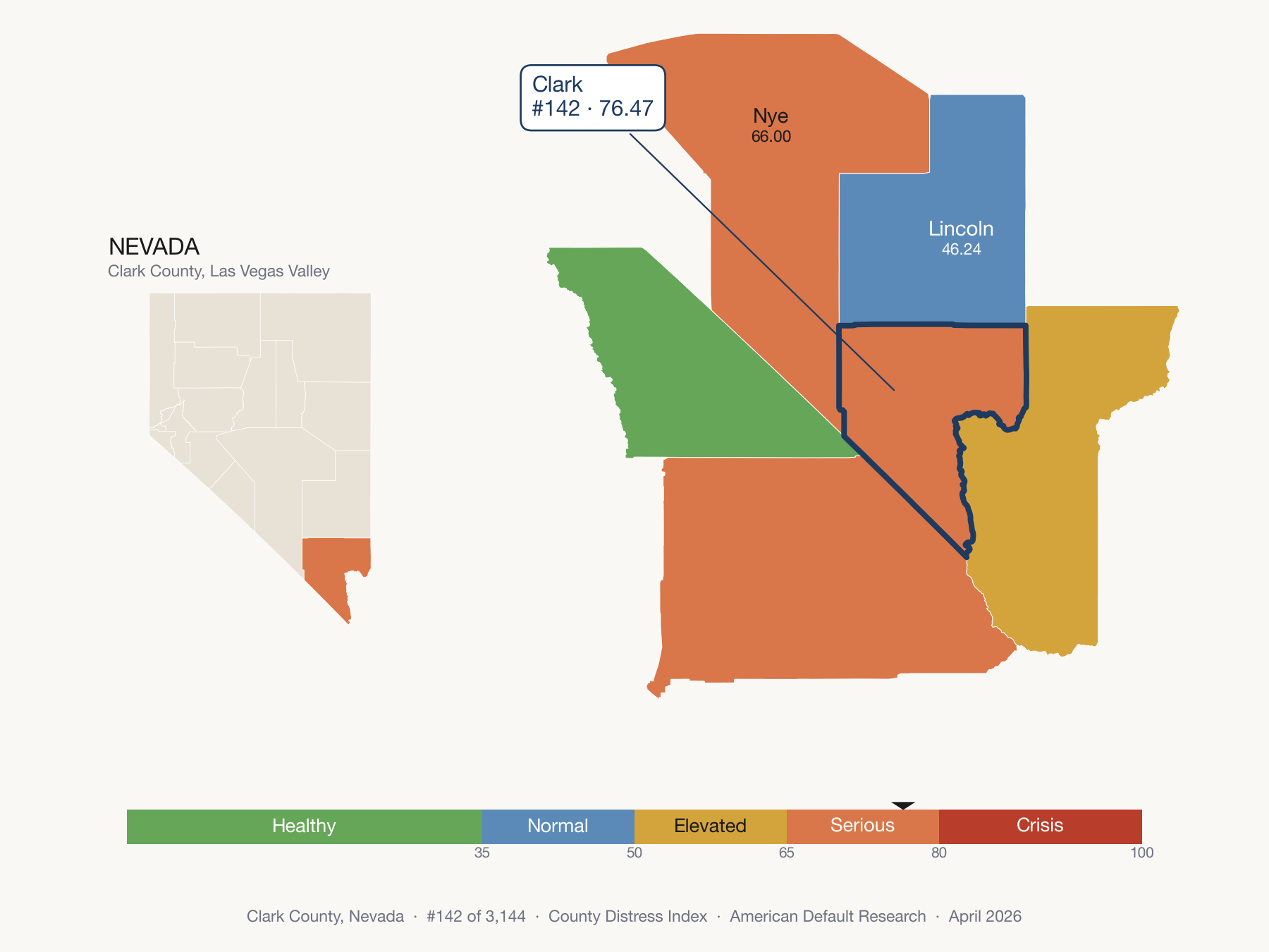 County Distress Index cluster map. Clark County, Nevada and its neighbors colored by distress zone.