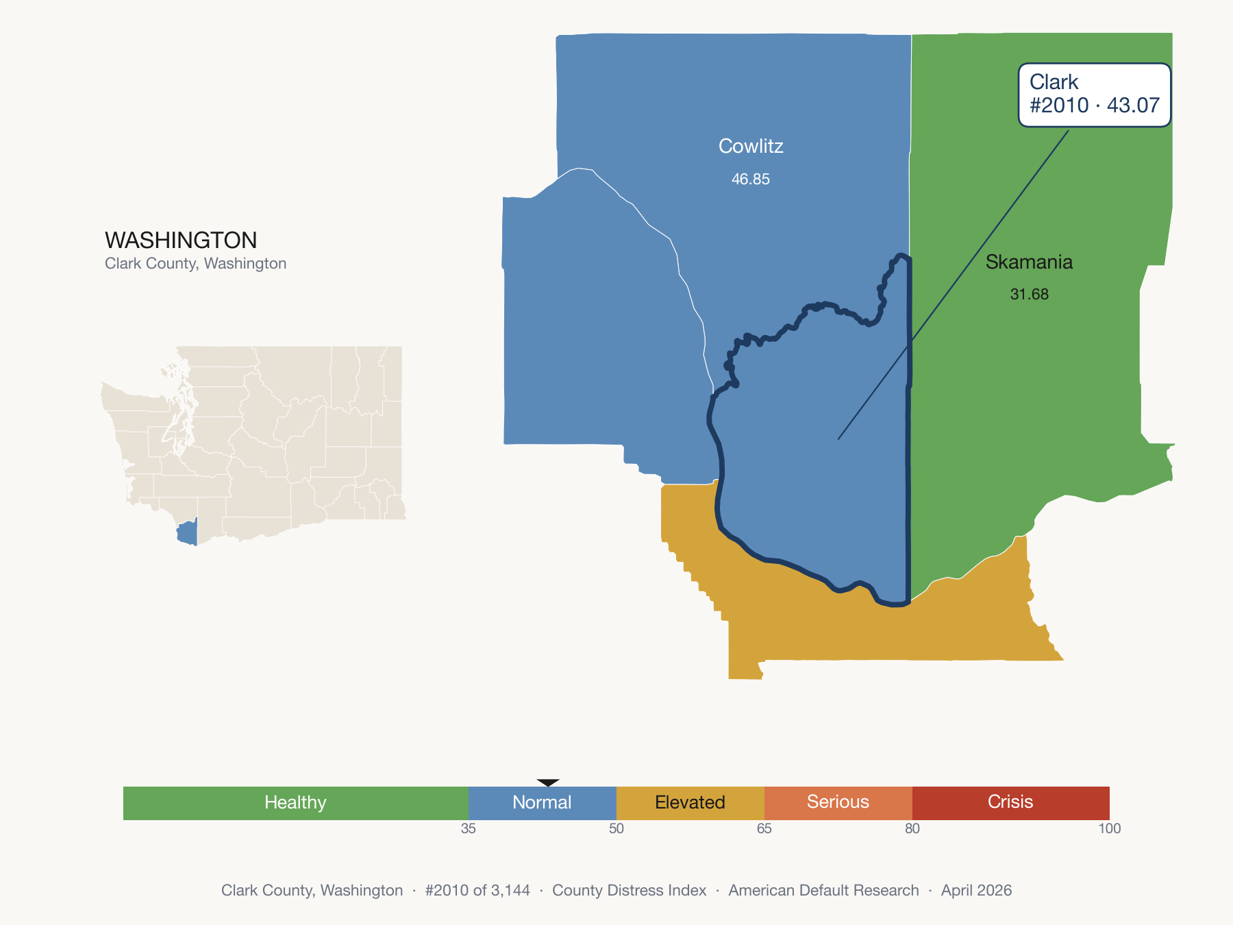 County Distress Index cluster map. Clark County, Washington and its neighbors colored by distress zone.
