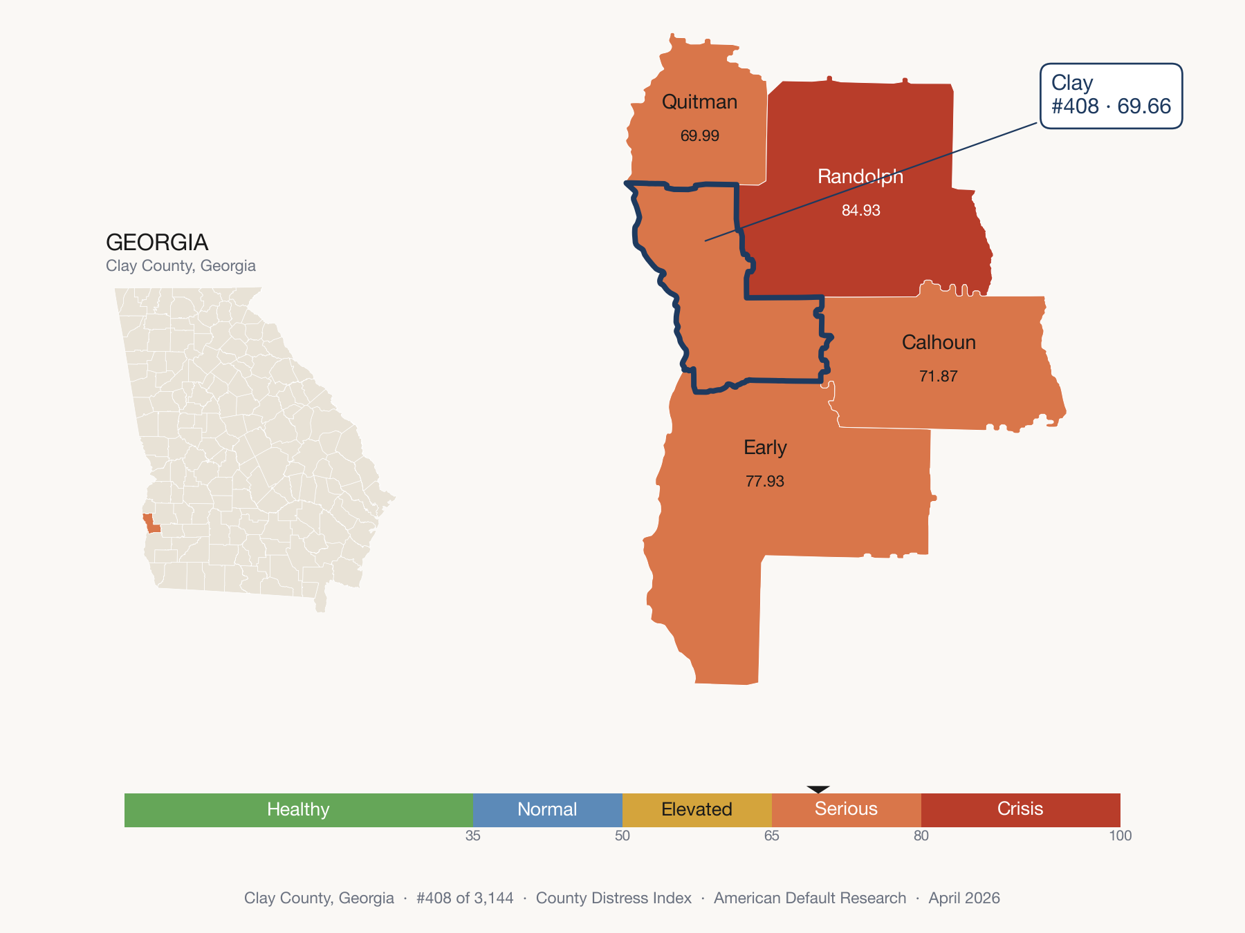 County Distress Index cluster map. Clay County, Georgia and its neighbors colored by distress zone.