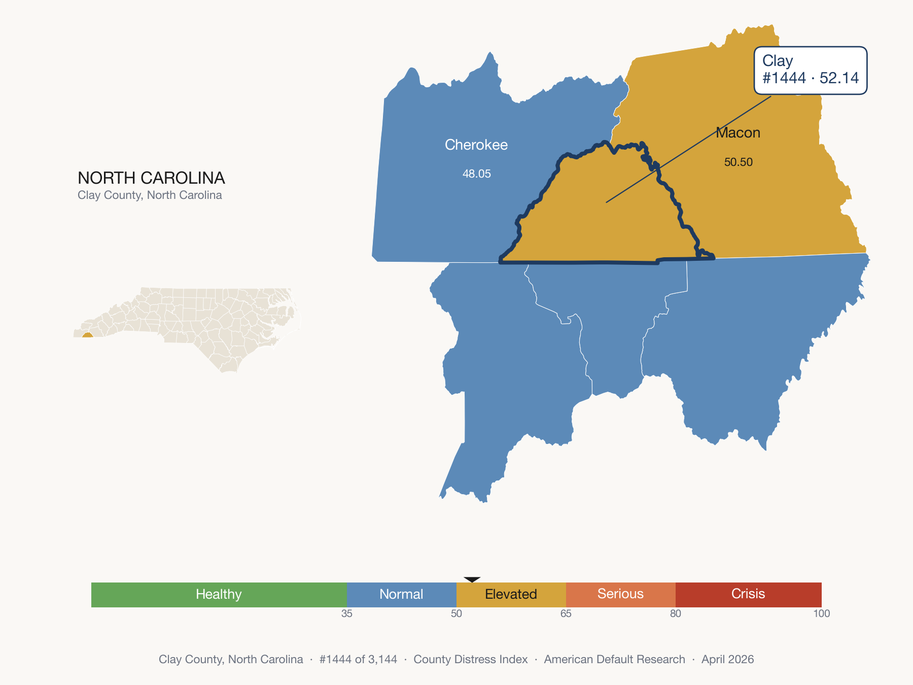 County Distress Index cluster map. Clay County, North Carolina and its neighbors colored by distress zone.