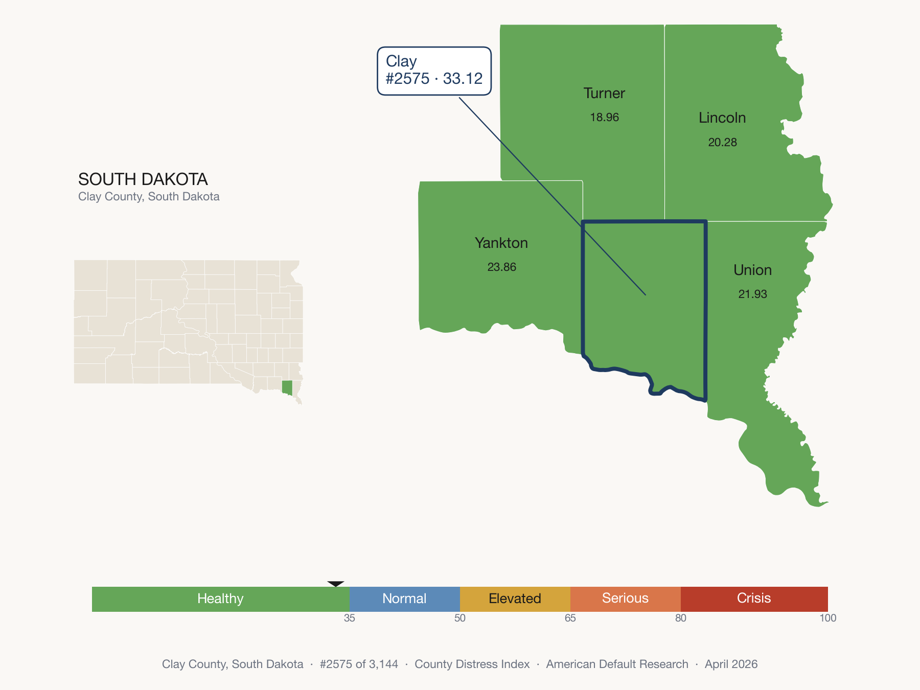 County Distress Index cluster map. Clay County, South Dakota and its neighbors colored by distress zone.