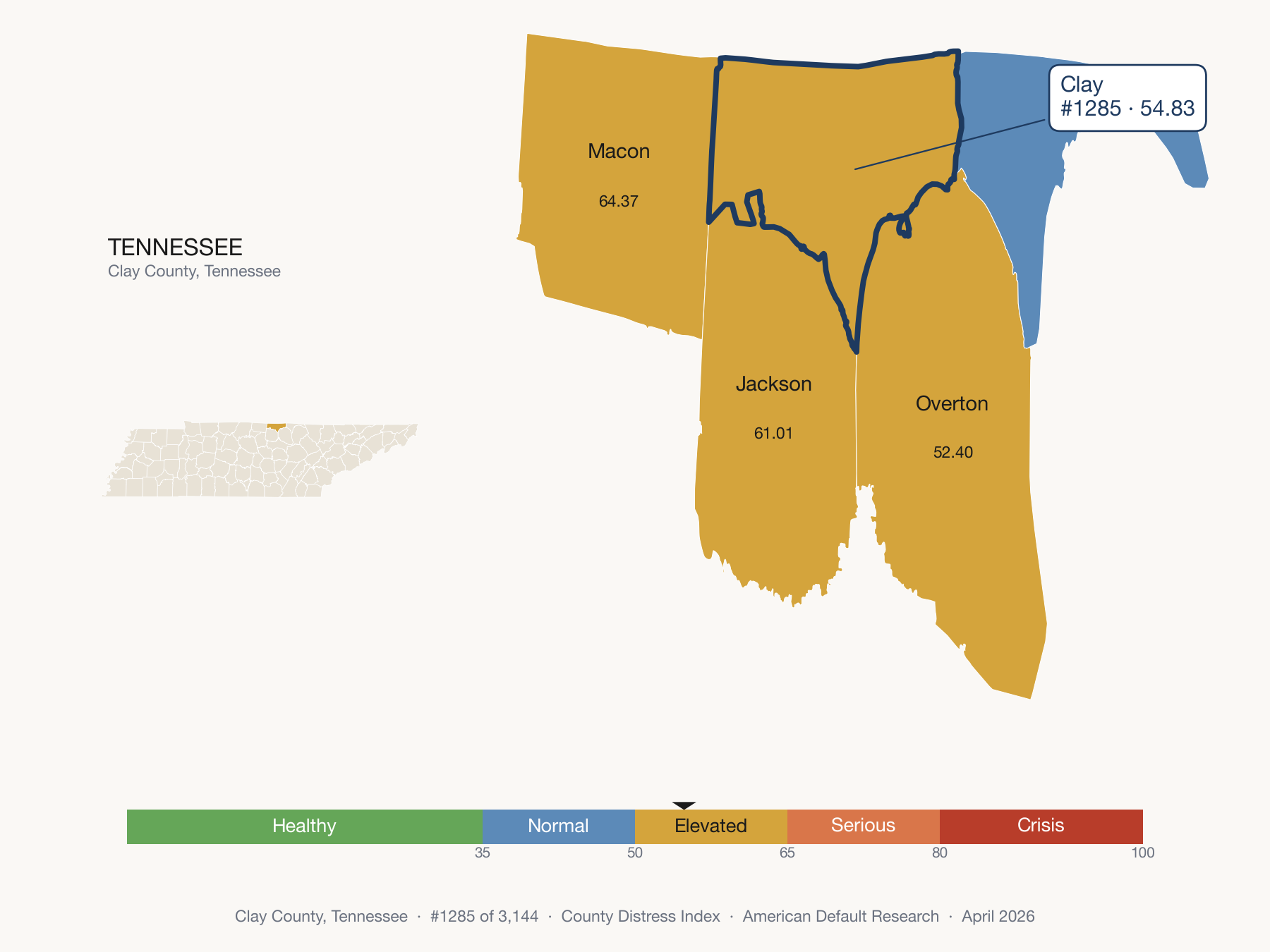 County Distress Index cluster map. Clay County, Tennessee and its neighbors colored by distress zone.