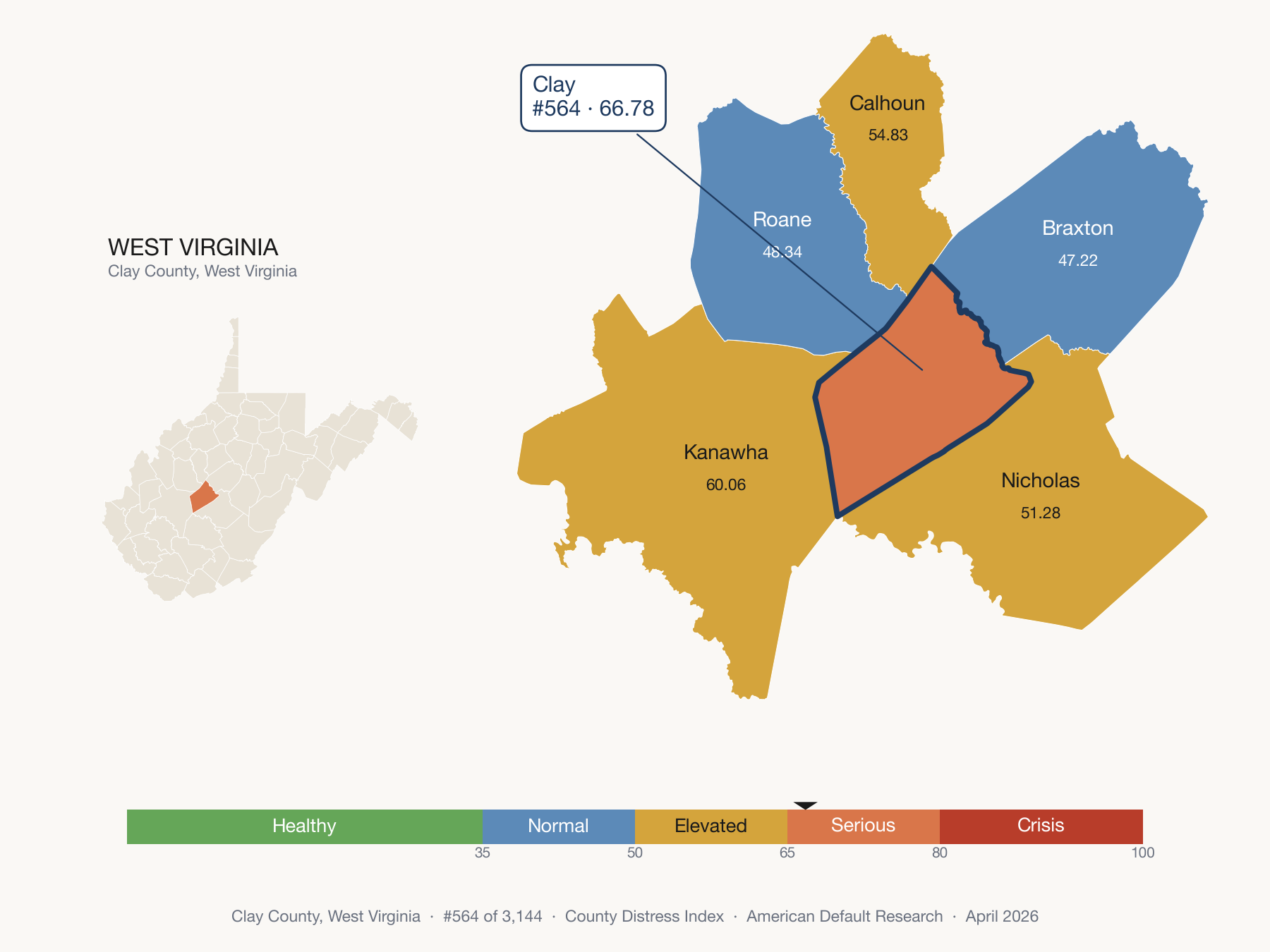 County Distress Index cluster map. Clay County, West Virginia and its neighbors colored by distress fifth.