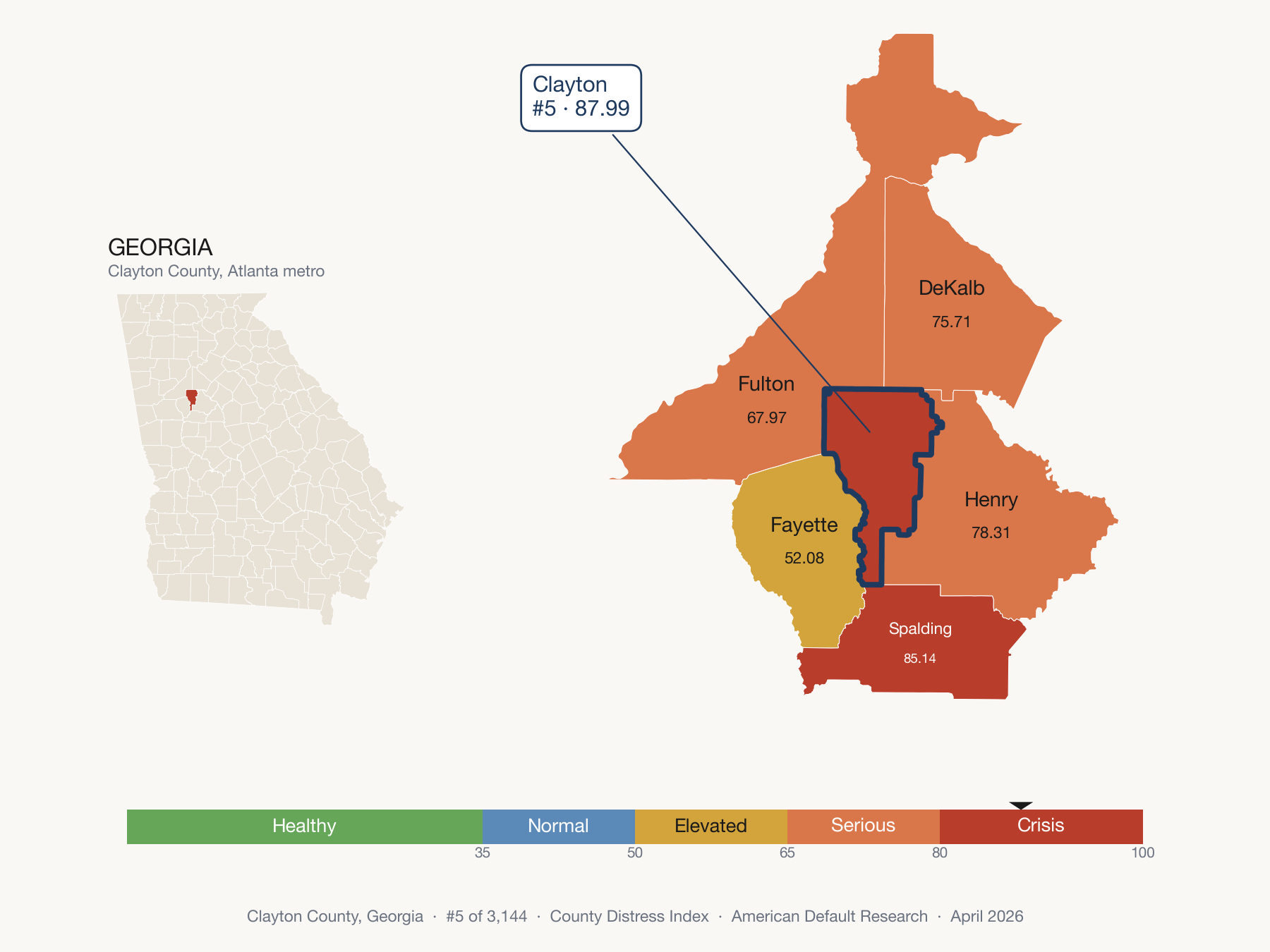 County Distress Index cluster map. Clayton County, Georgia and its neighbors colored by distress zone.