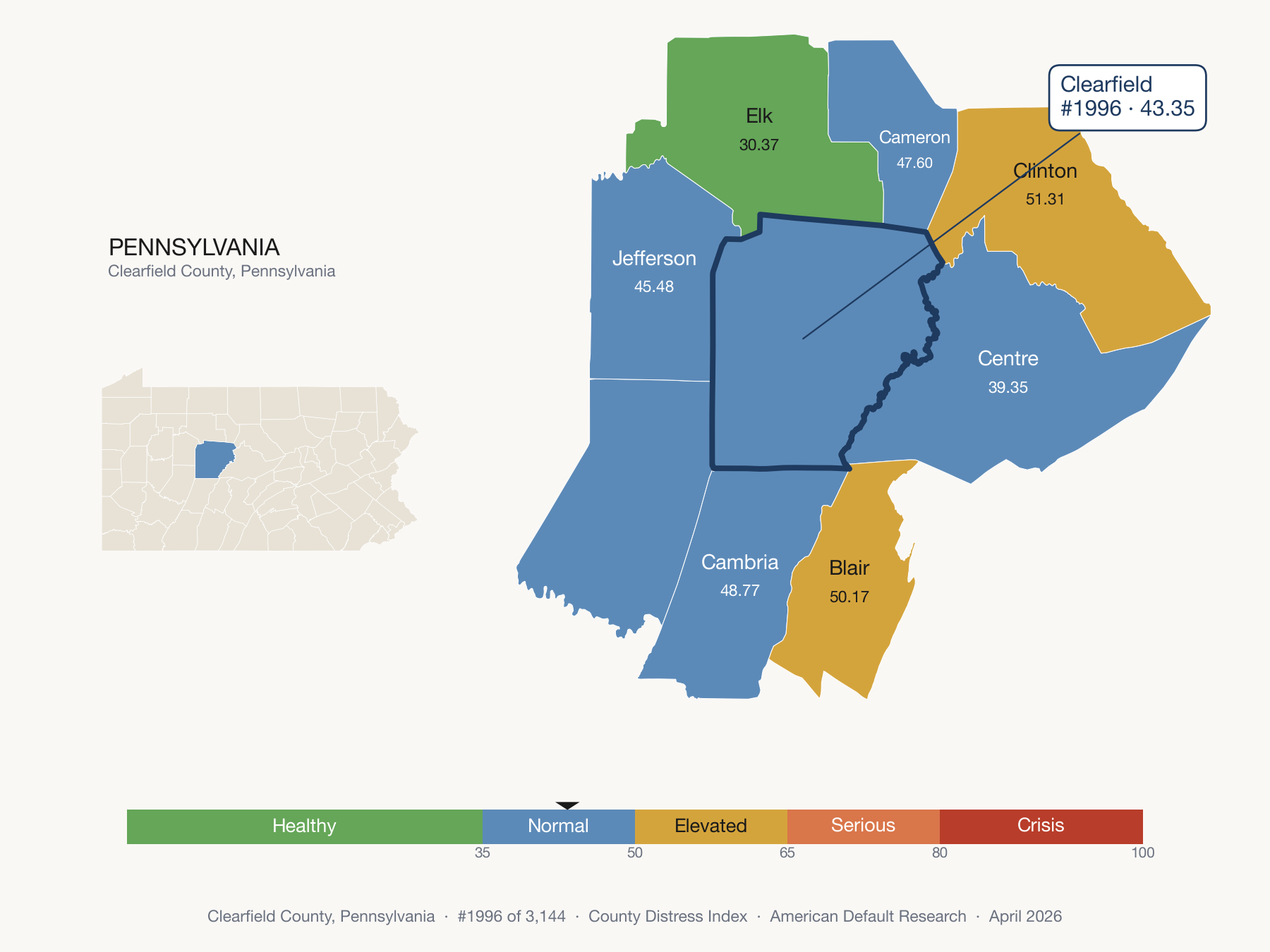County Distress Index cluster map. Clearfield County, Pennsylvania and its neighbors colored by distress fifth.