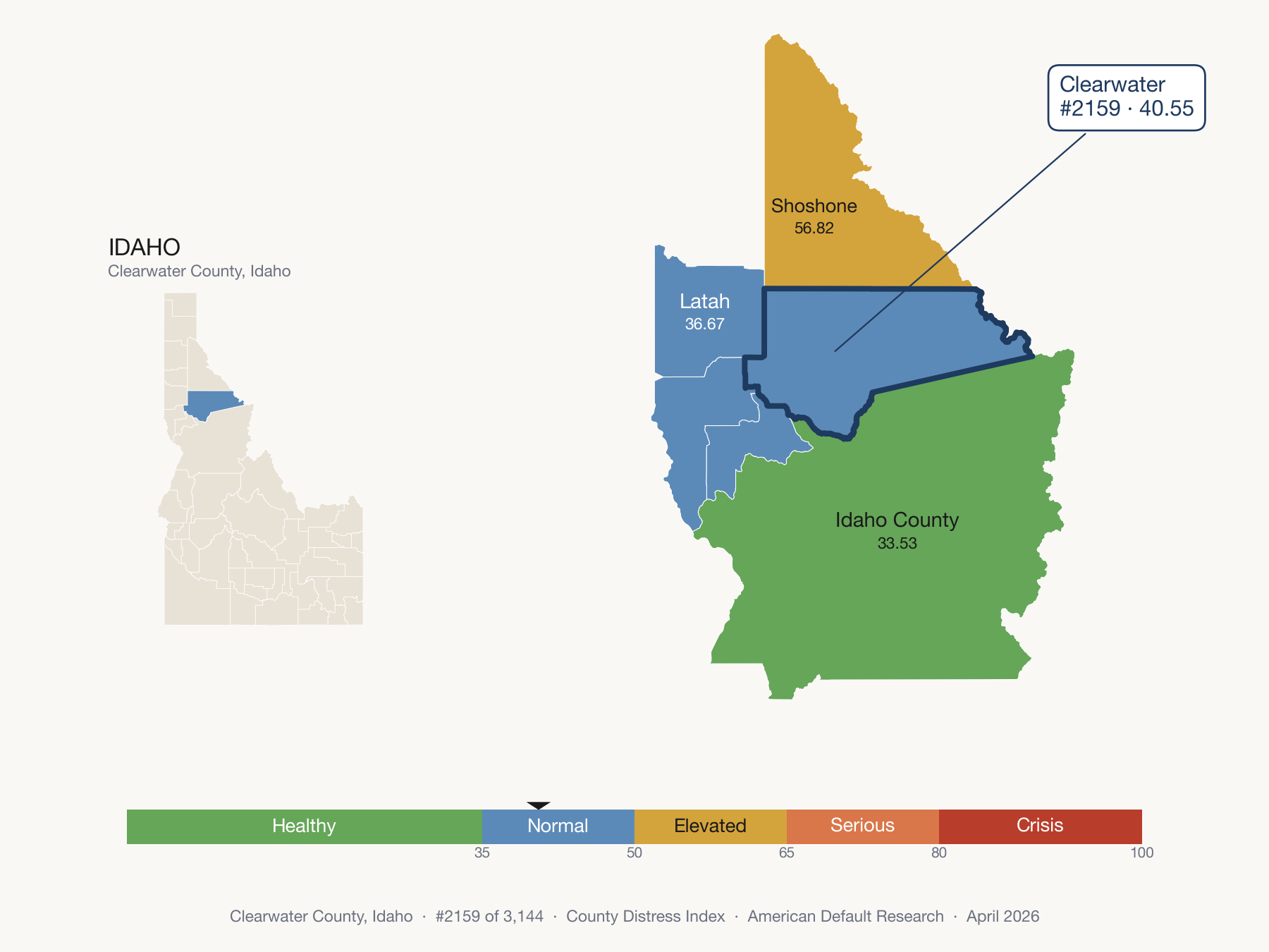 County Distress Index cluster map. Clearwater County, Idaho and its neighbors colored by distress fifth.