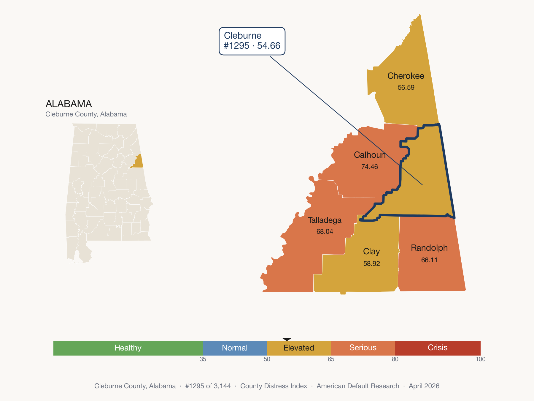 County Distress Index cluster map. Cleburne County, Alabama and its neighbors colored by distress zone.