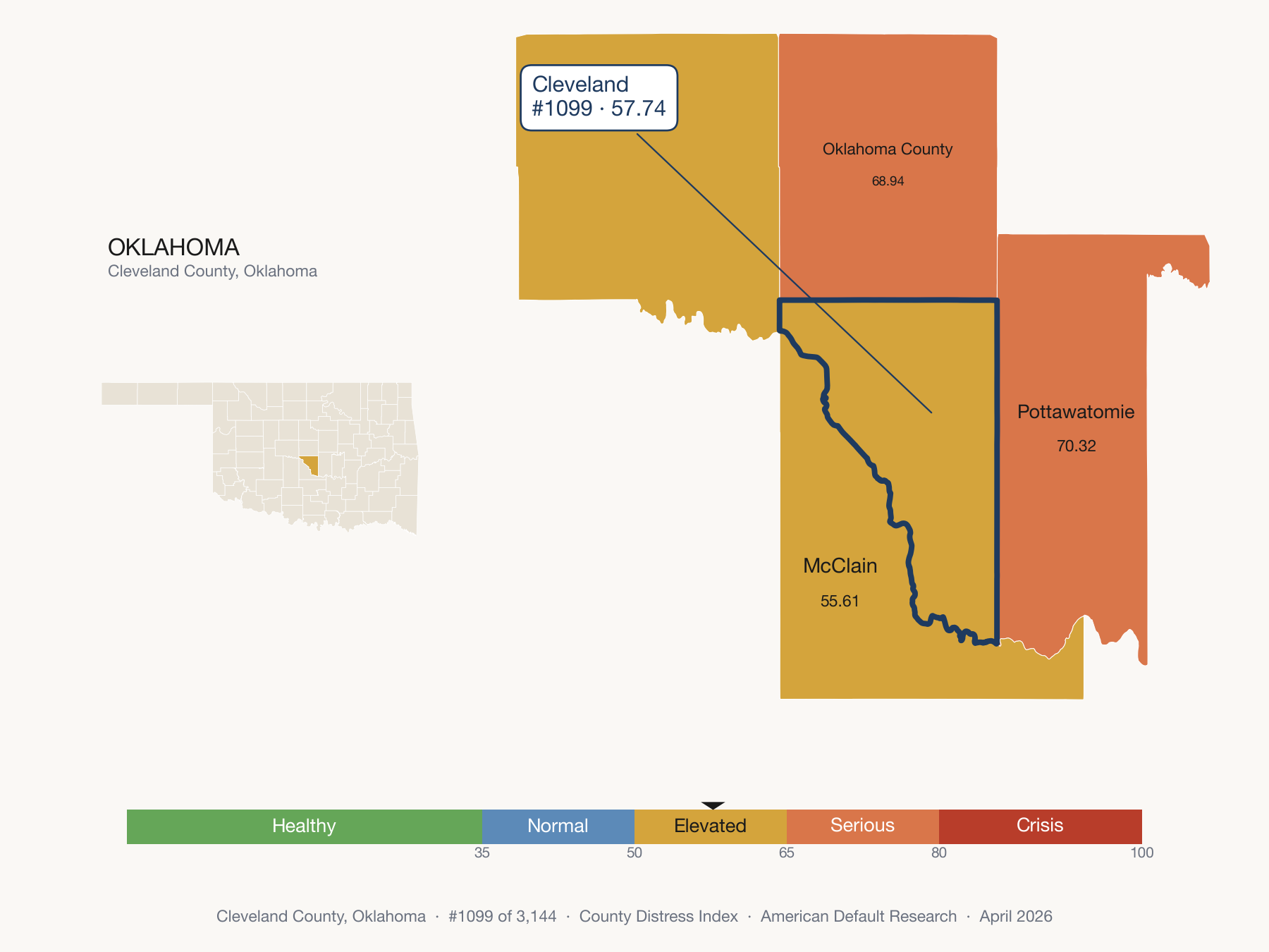 County Distress Index cluster map. Cleveland County, Oklahoma and its neighbors colored by distress fifth.