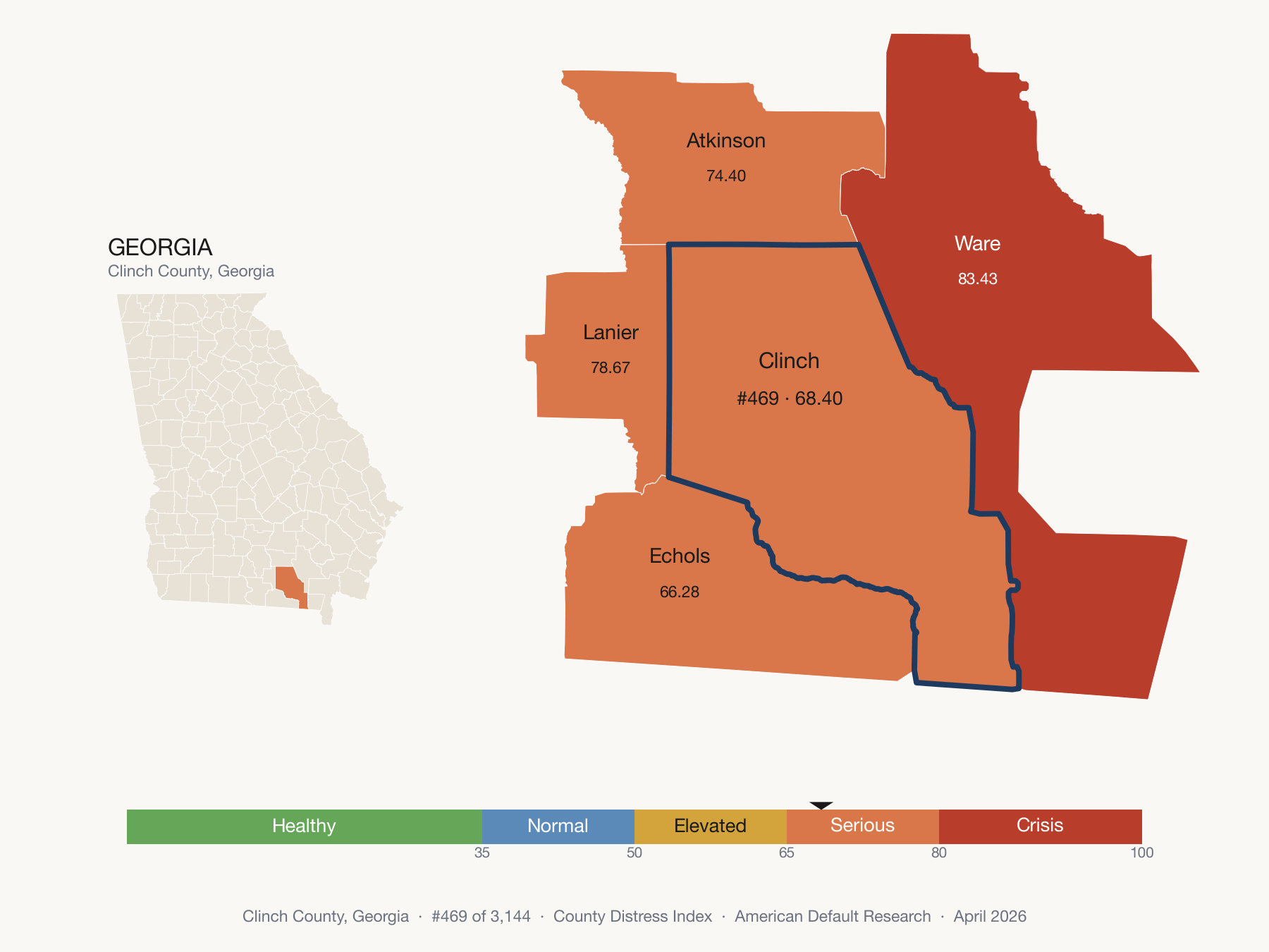 County Distress Index cluster map. Clinch County, Georgia and its neighbors colored by distress fifth.