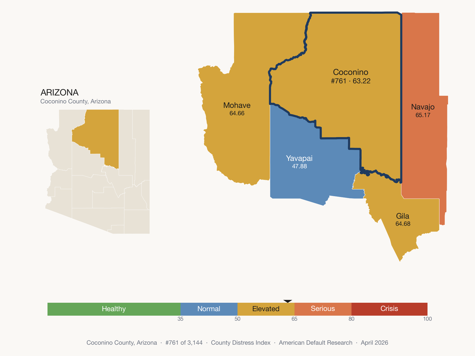 County Distress Index cluster map. Coconino County, Arizona and its neighbors colored by distress fifth.