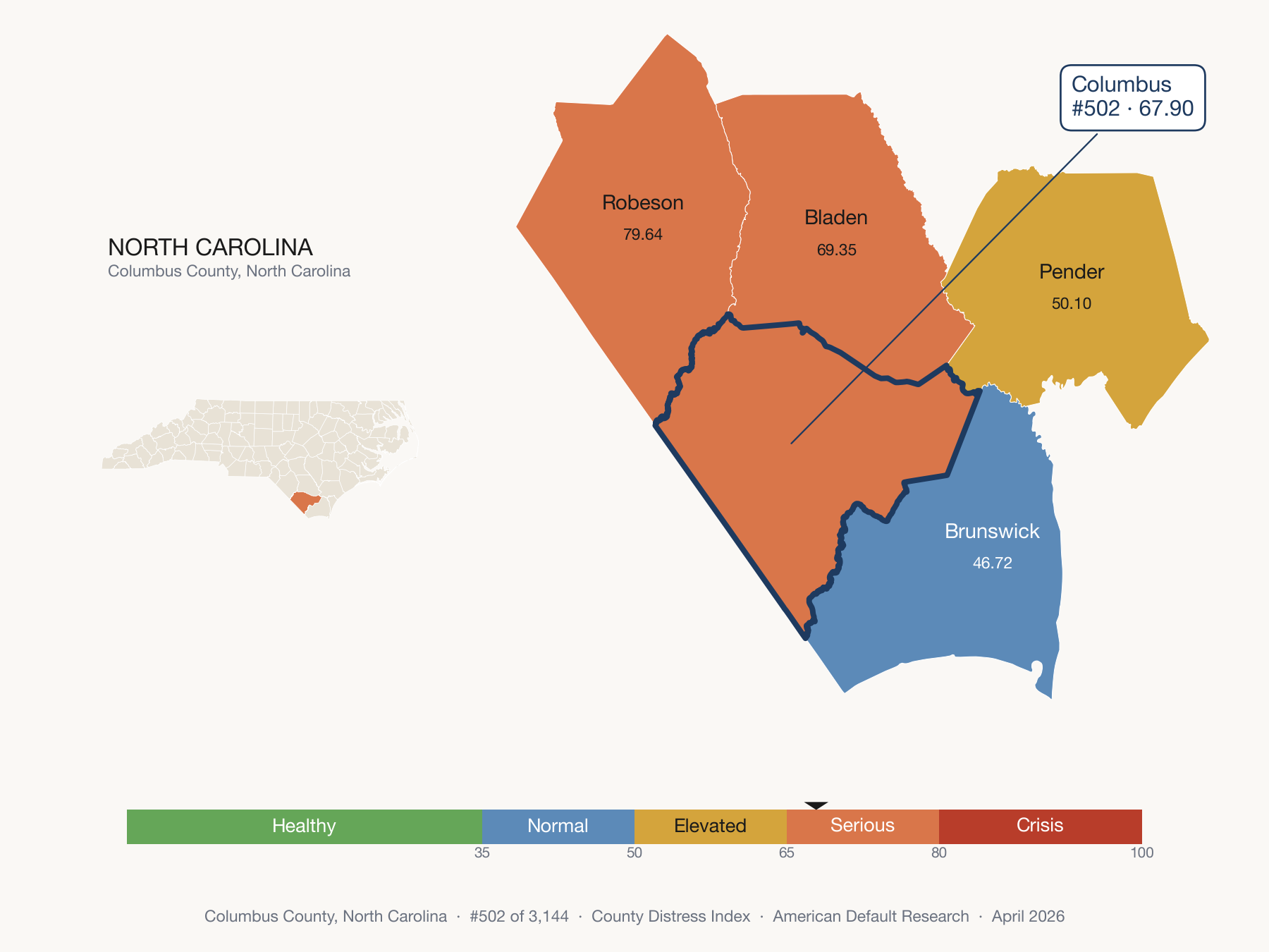 County Distress Index cluster map. Columbus County, North Carolina and its neighbors colored by distress fifth.