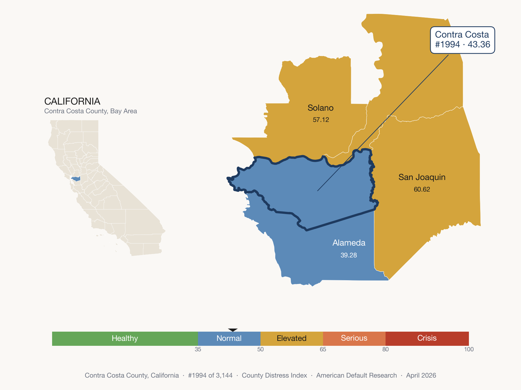 County Distress Index cluster map. Contra Costa County, California and its neighbors colored by distress zone.