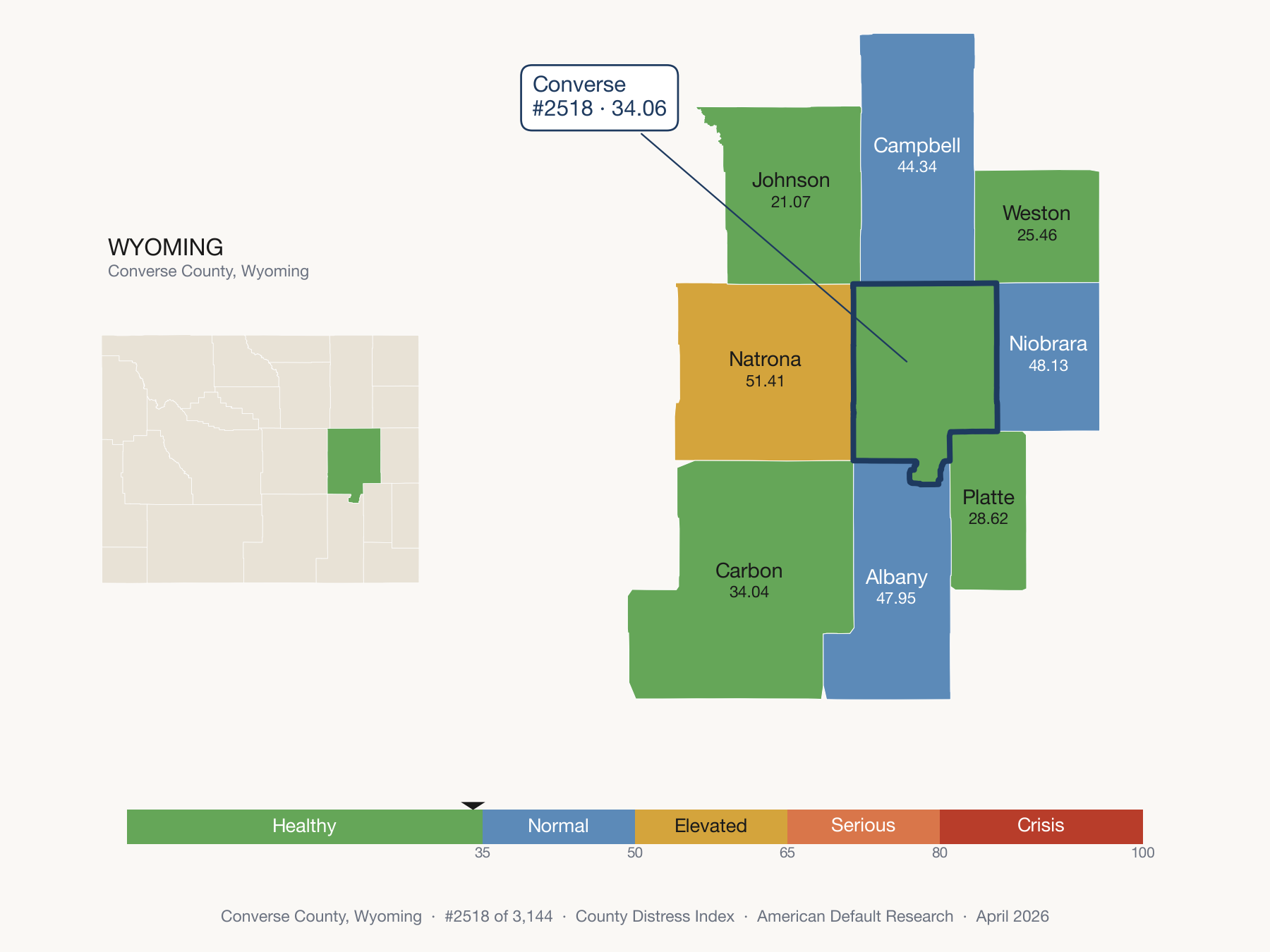 County Distress Index cluster map. Converse County, Wyoming and its neighbors colored by distress zone.