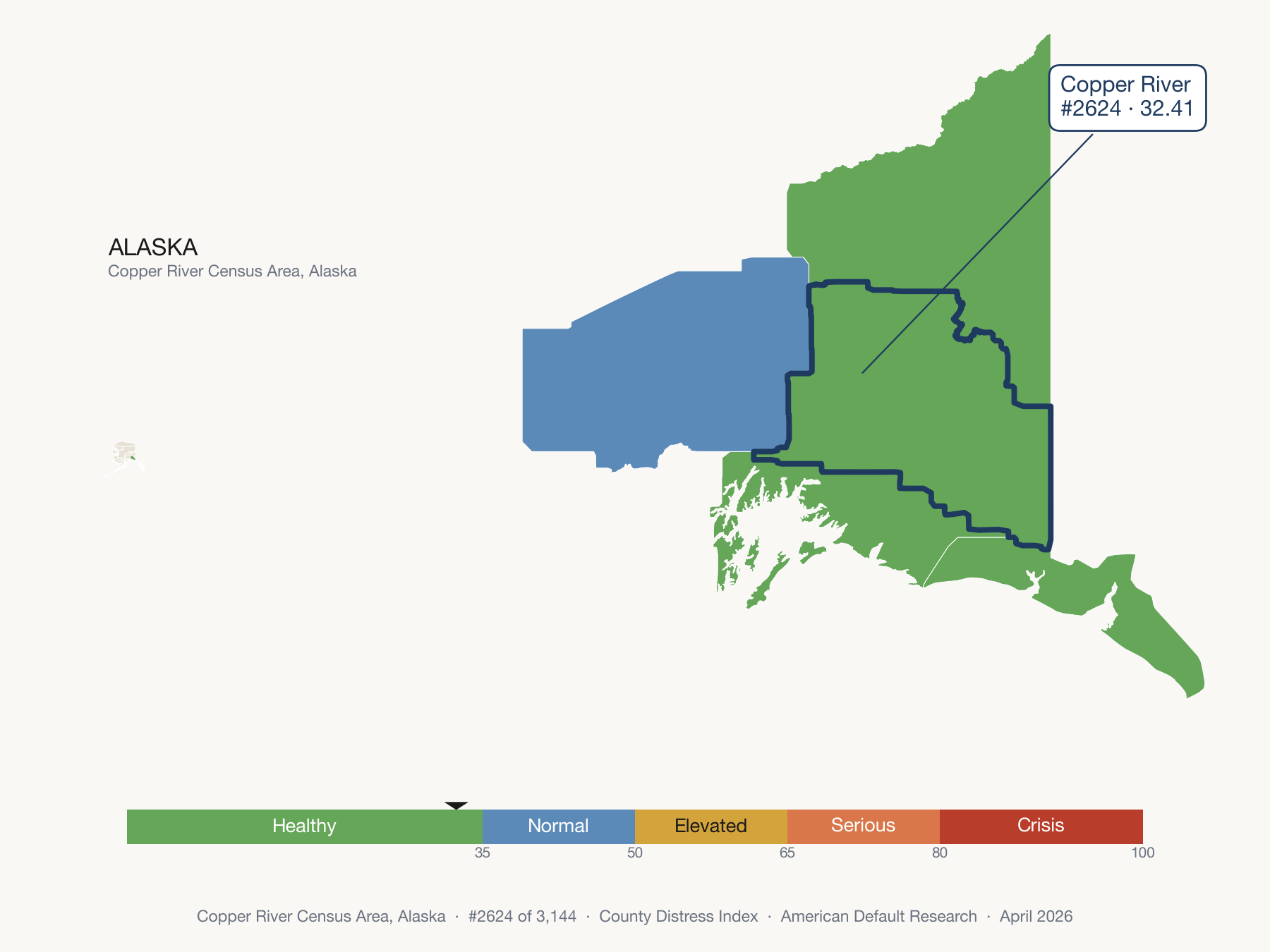 County Distress Index cluster map. Copper River Census Area, Alaska and its neighbors colored by distress zone.