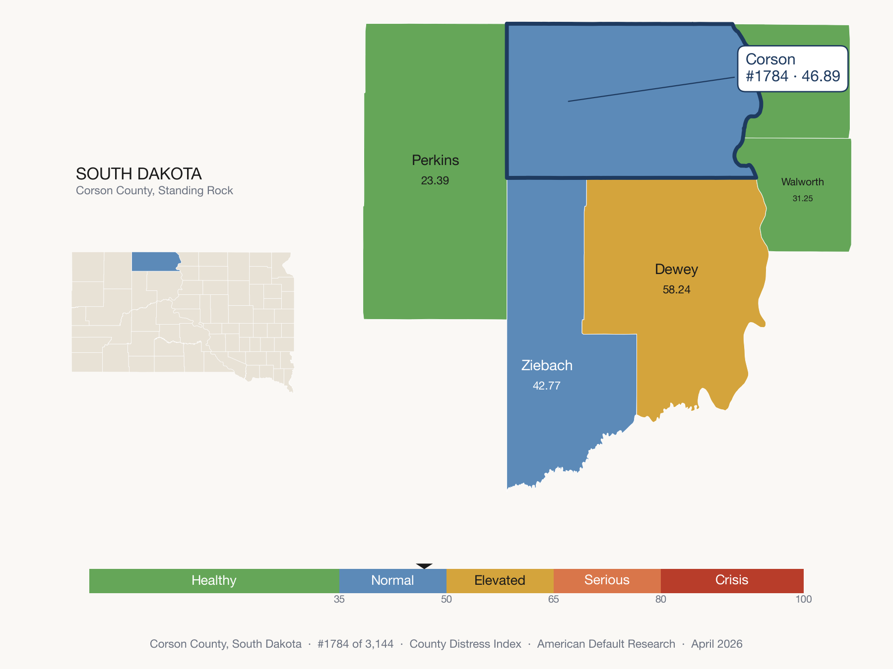 County Distress Index cluster map. Corson County, South Dakota and its neighbors colored by distress fifth.