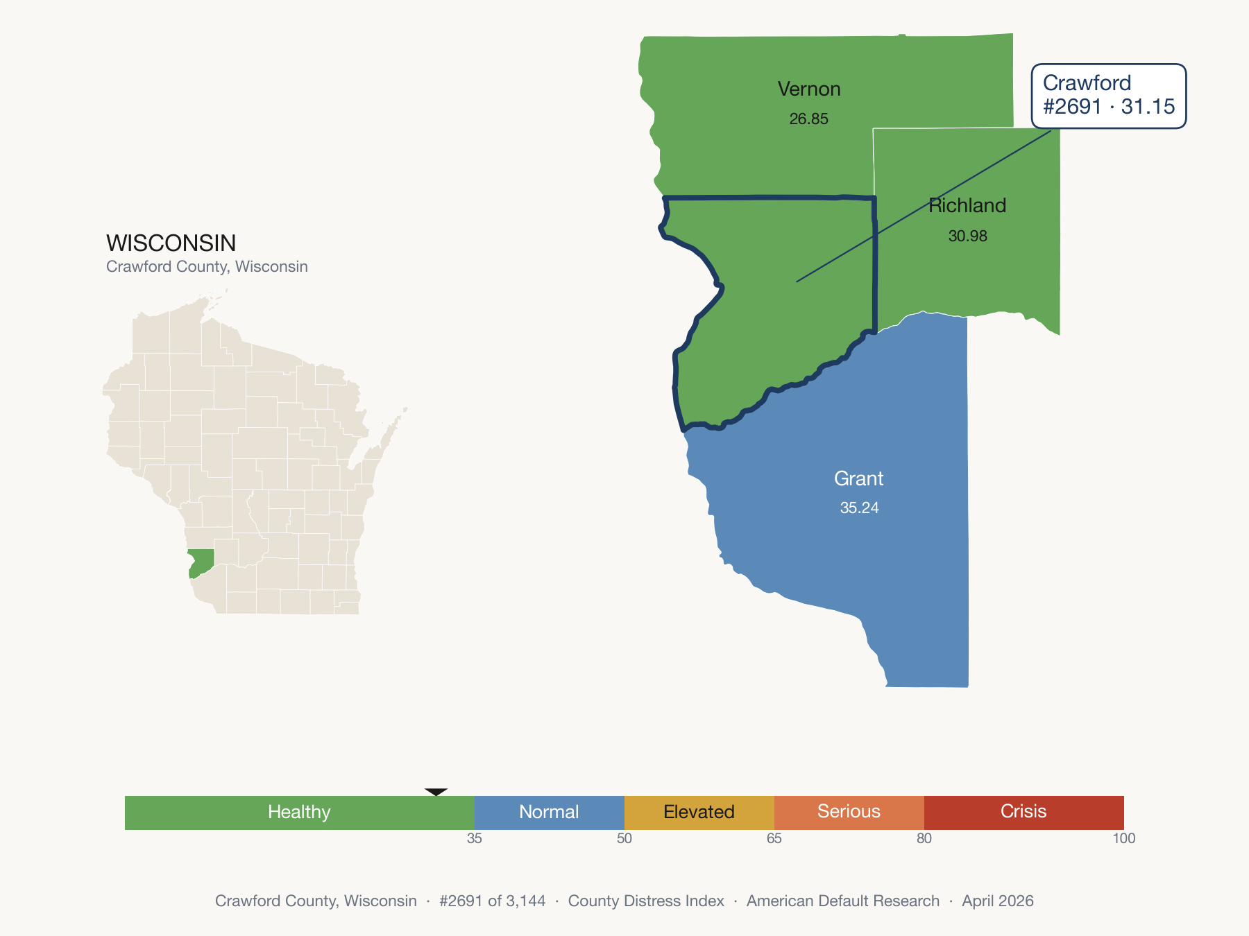 County Distress Index cluster map. Crawford County, Wisconsin and its neighbors colored by distress fifth.