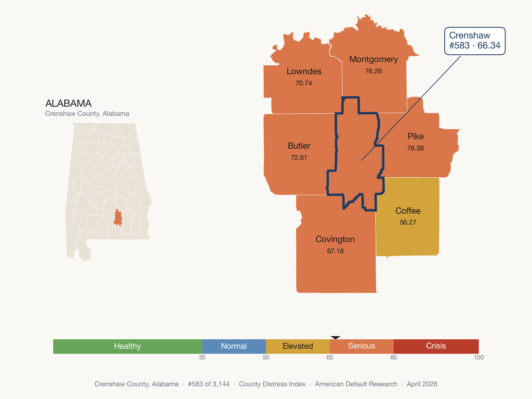 County Distress Index cluster map. Crenshaw County, Alabama and its neighbors colored by distress fifth.