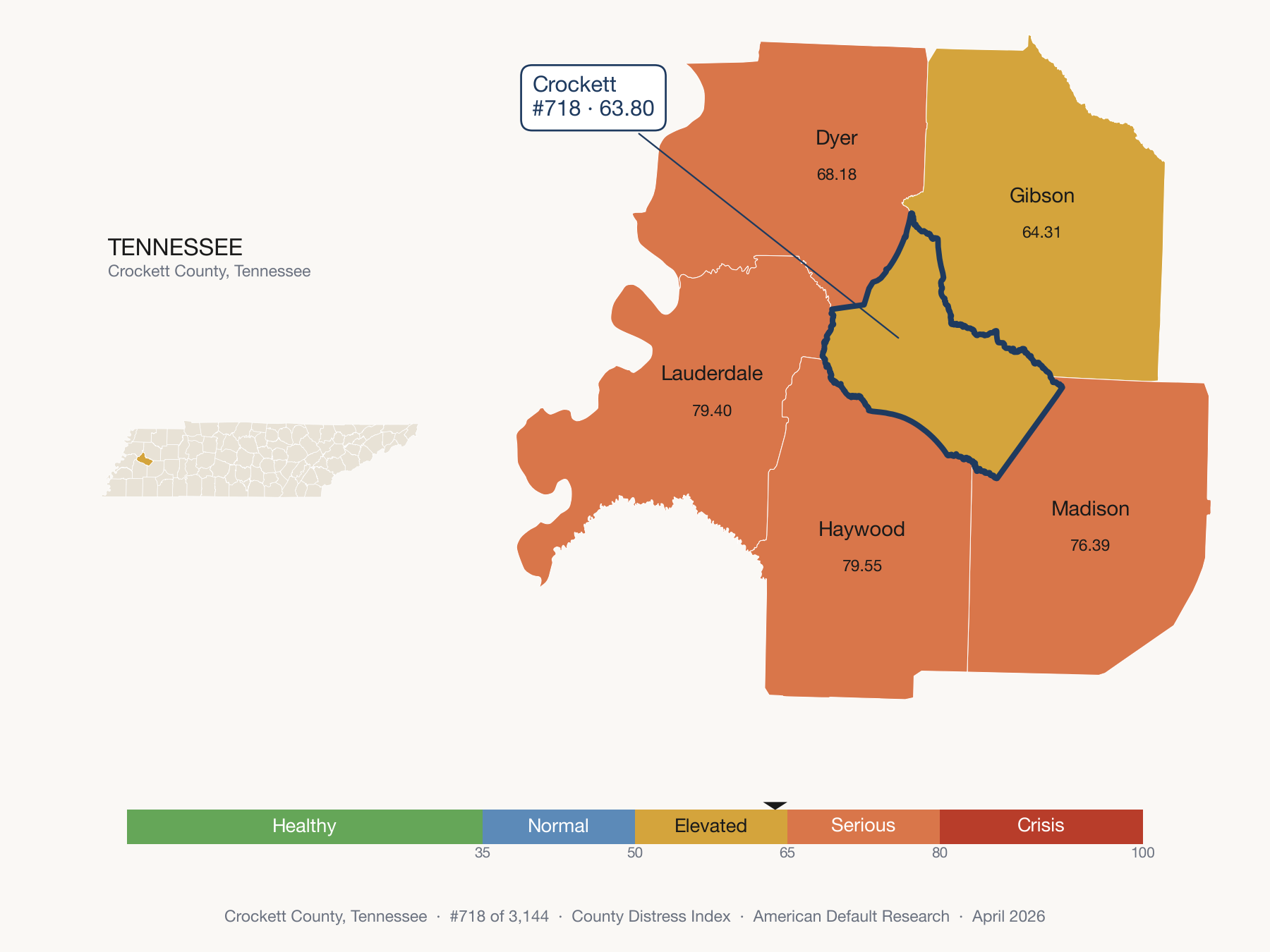 County Distress Index cluster map. Crockett County, Tennessee and its neighbors colored by distress fifth.