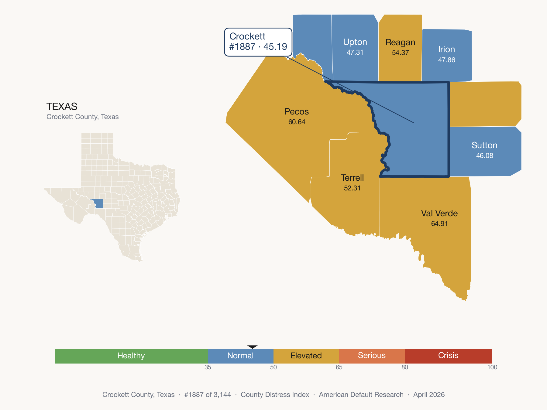 County Distress Index cluster map. Crockett County, Texas and its neighbors colored by distress fifth.