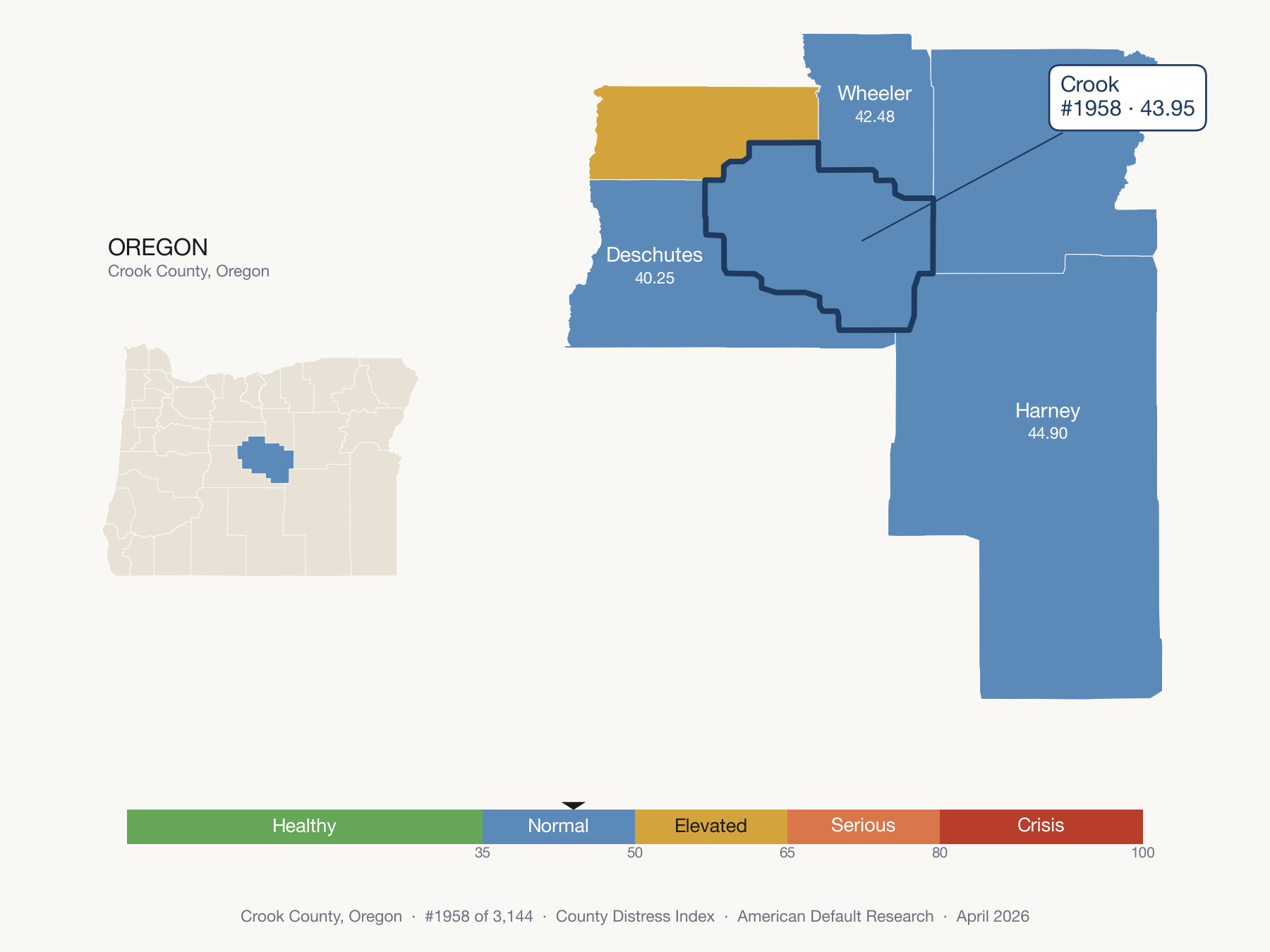 County Distress Index cluster map. Crook County, Oregon and its neighbors colored by distress fifth.