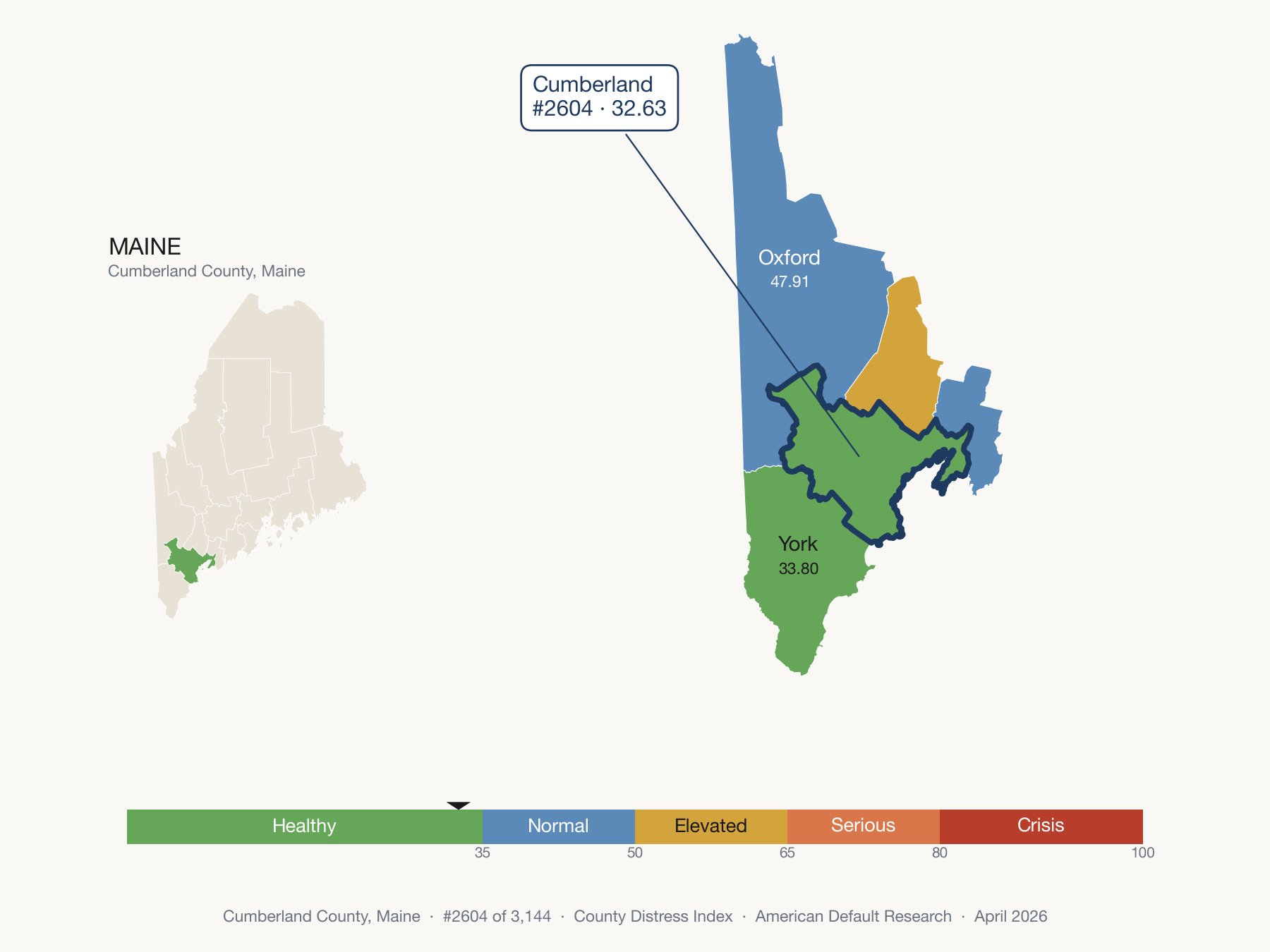 County Distress Index cluster map. Cumberland County, Maine and its neighbors colored by distress zone.