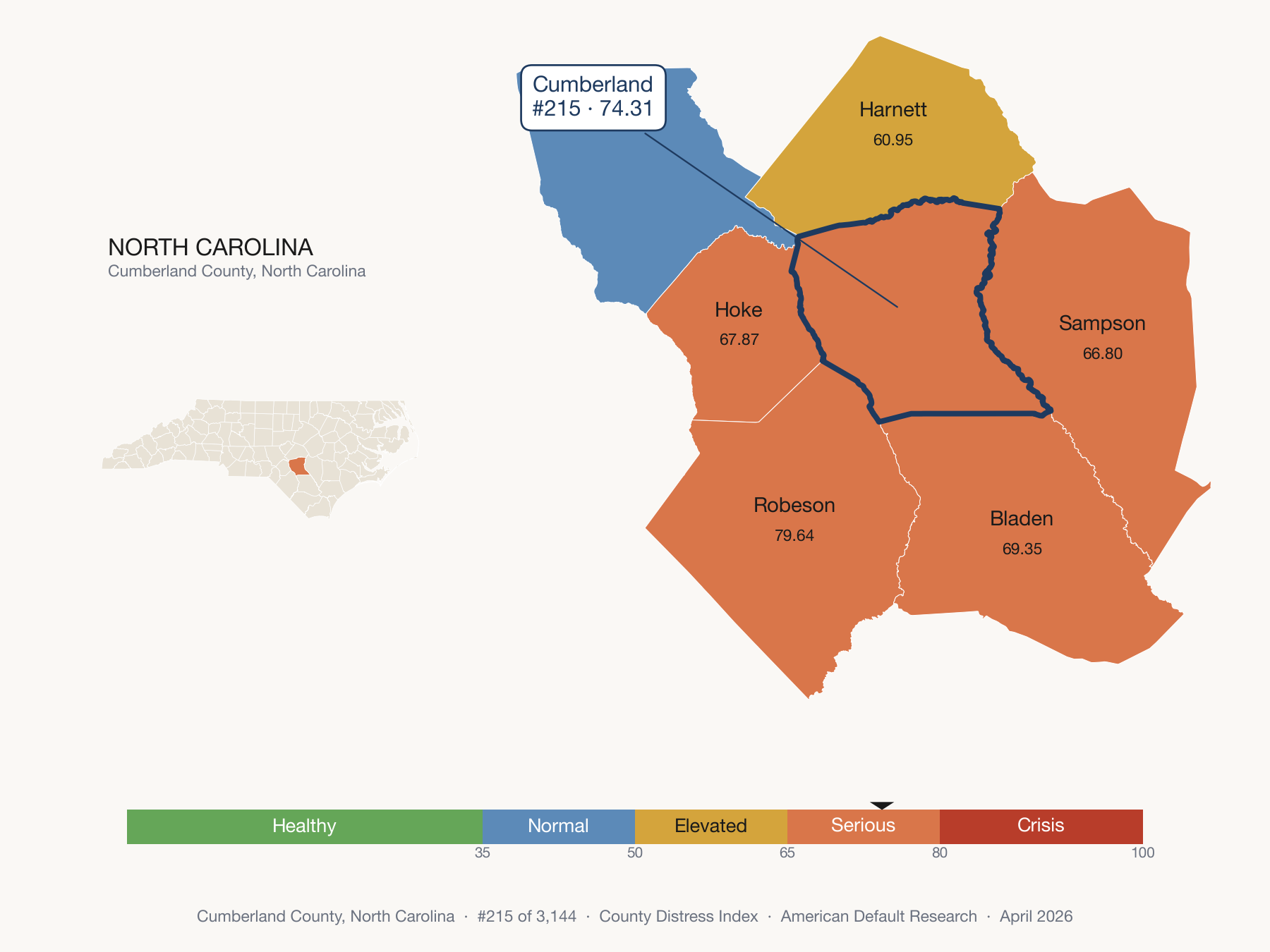 County Distress Index cluster map. Cumberland County, North Carolina and its neighbors colored by distress fifth.