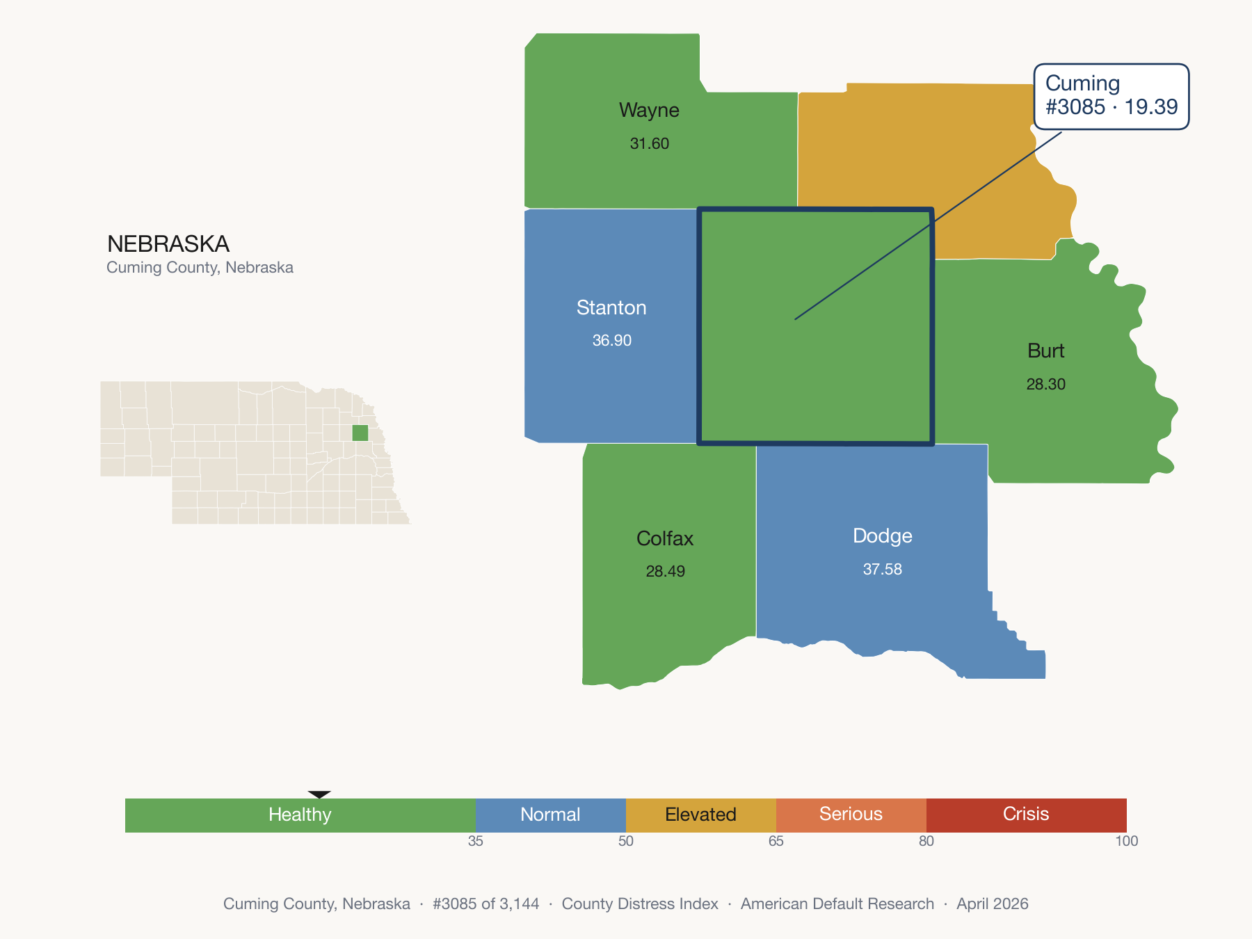 County Distress Index cluster map. Cuming County, Nebraska and its neighbors colored by distress zone.