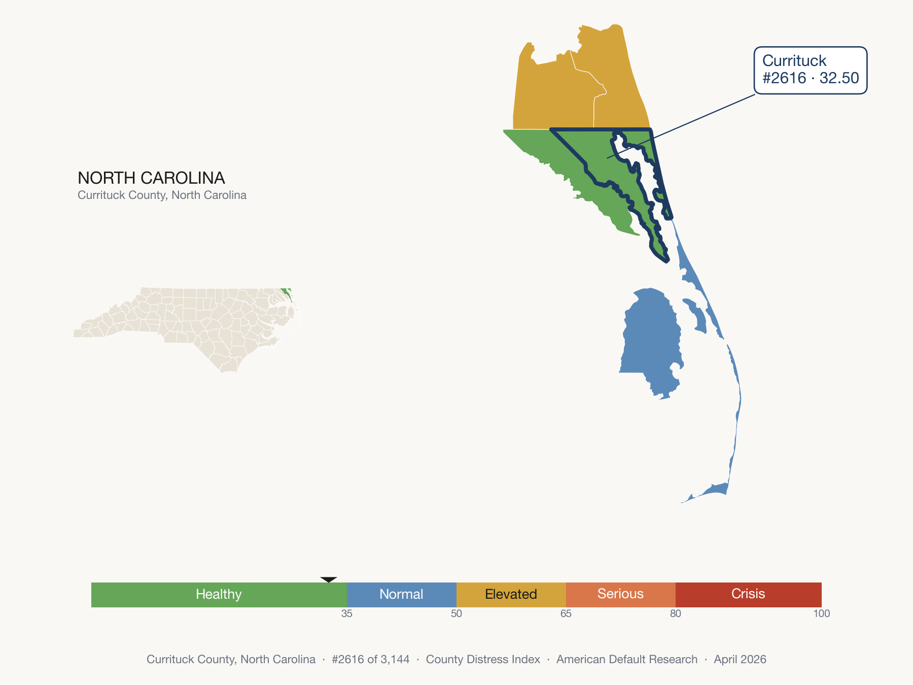 County Distress Index cluster map. Currituck County, North Carolina and its neighbors colored by distress zone.