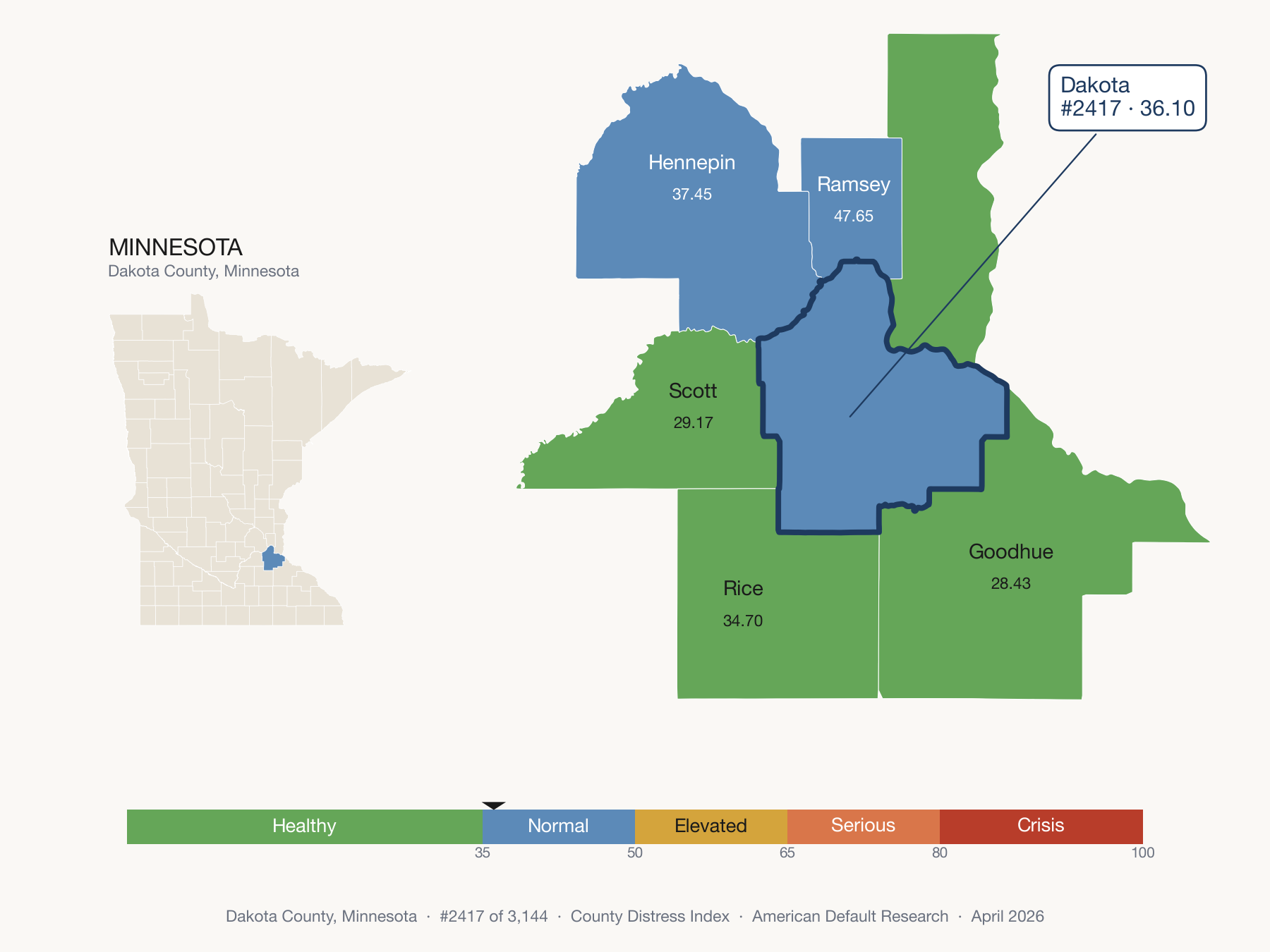 County Distress Index cluster map. Dakota County, Minnesota and its neighbors colored by distress fifth.