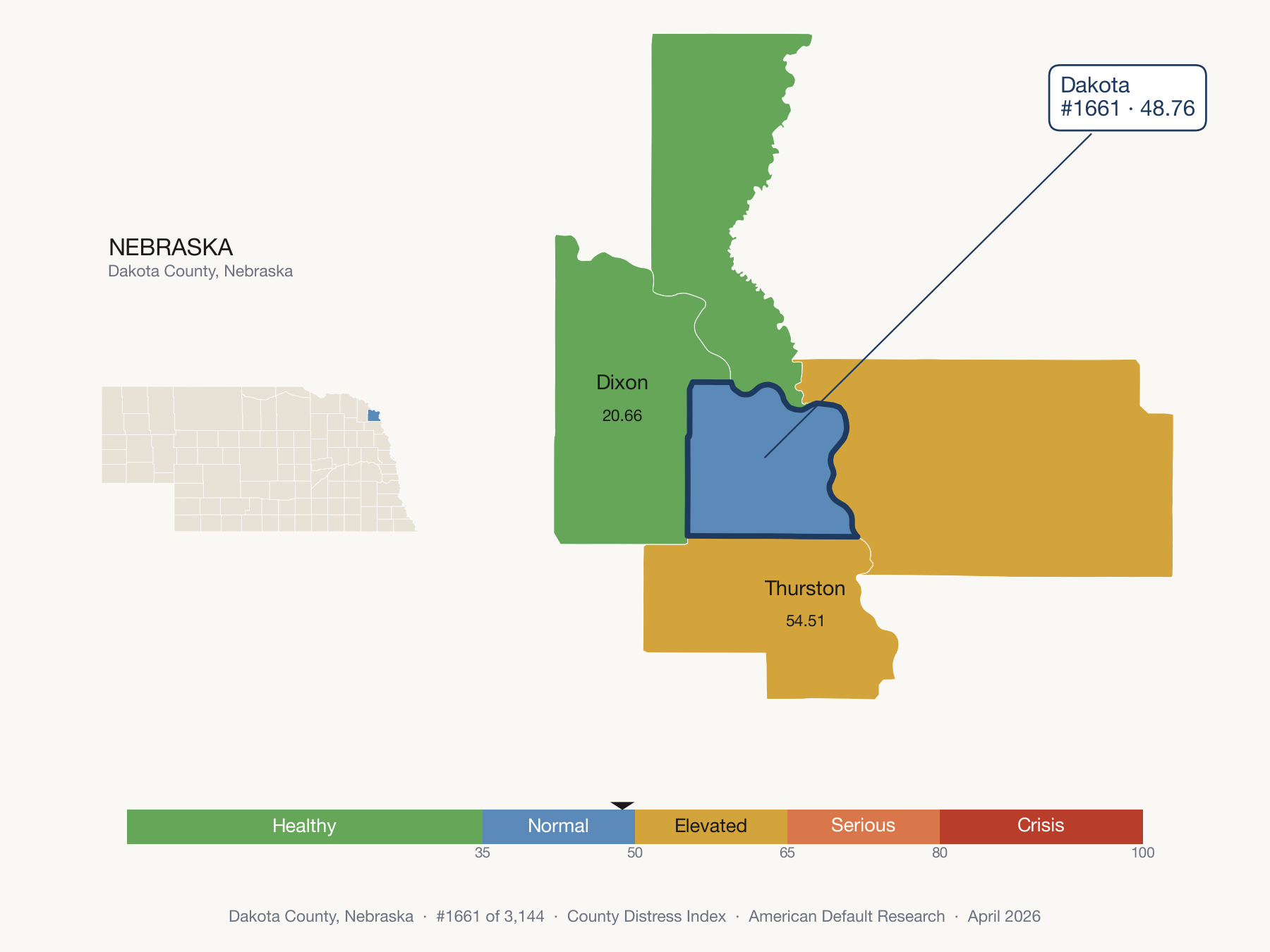 County Distress Index cluster map. Dakota County, Nebraska and its neighbors colored by distress fifth.