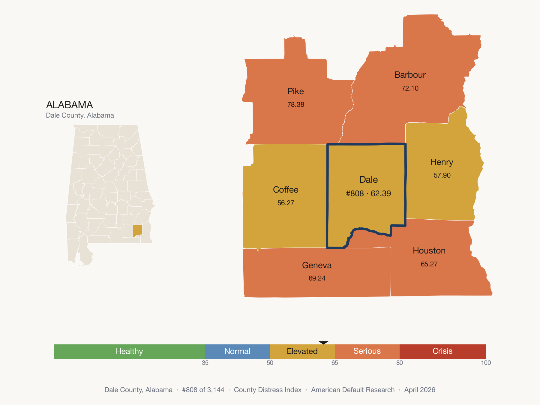 County Distress Index cluster map. Dale County, Alabama and its neighbors colored by distress fifth.