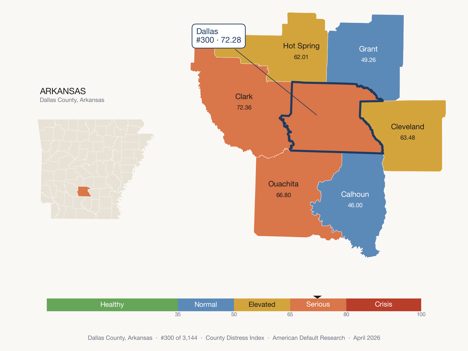 County Distress Index cluster map. Dallas County, Arkansas and its neighbors colored by distress fifth.