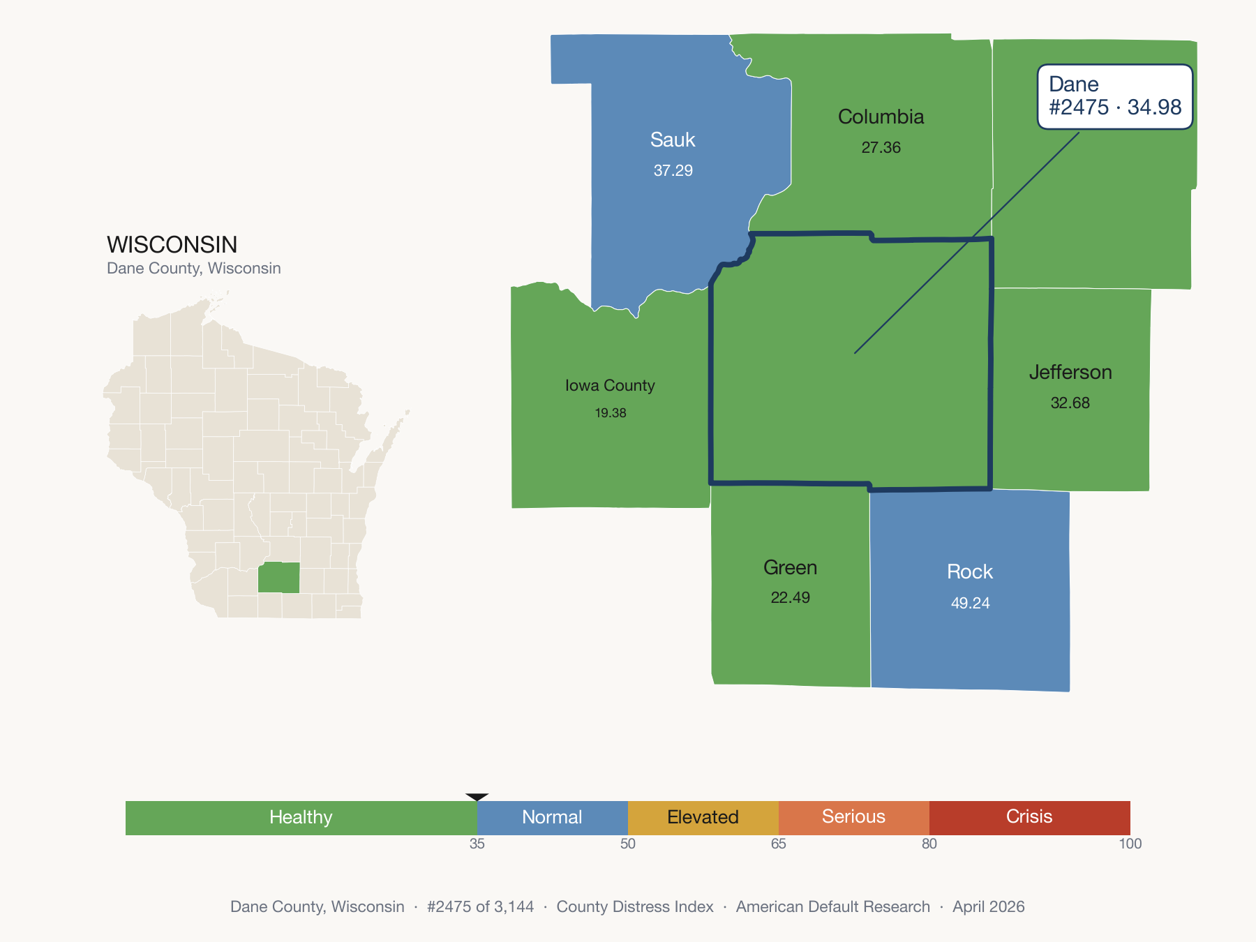 County Distress Index cluster map. Dane County, Wisconsin and its neighbors colored by distress zone.